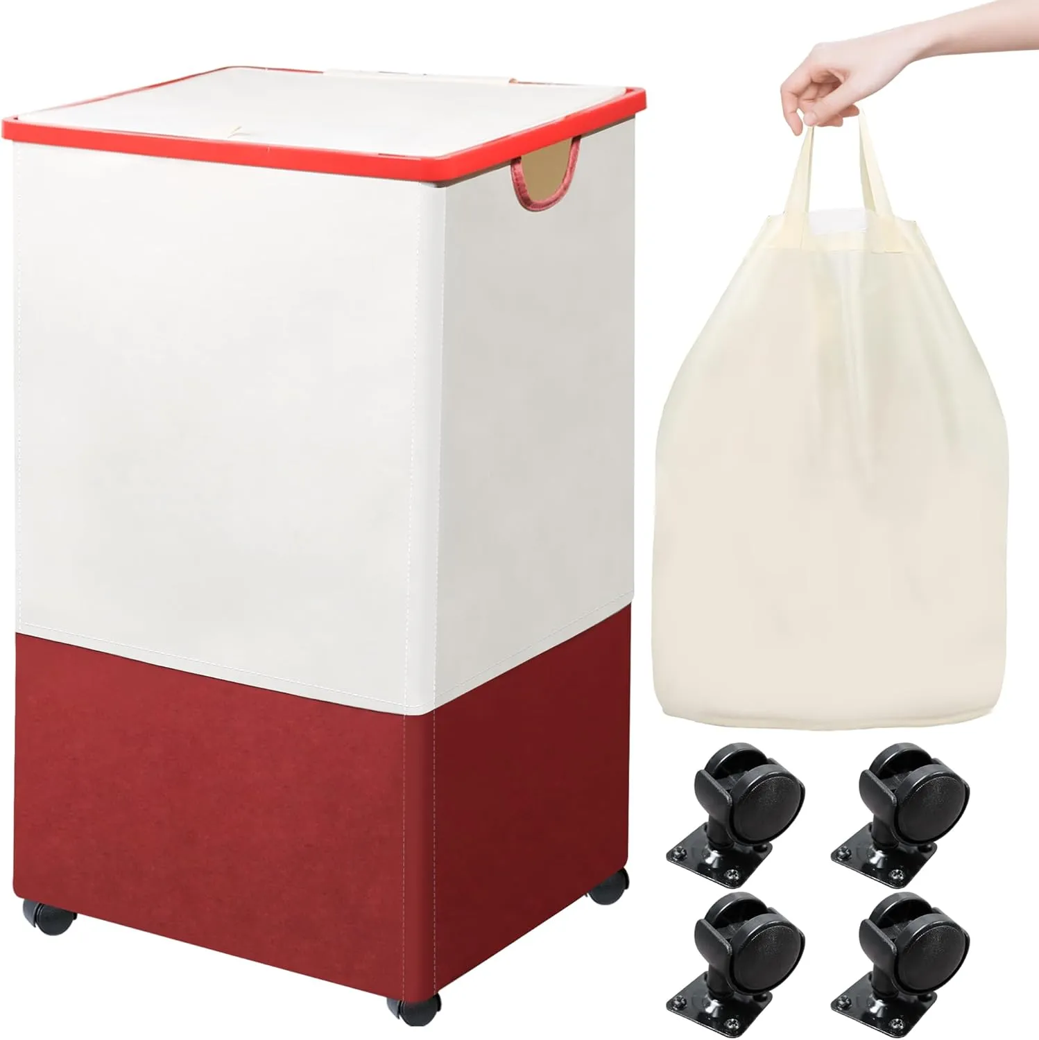 Laundry Basket with Wheels, Rolling Laundry Basket with Lid and Removable Bag, Collapsible Dirty Clothes Basket with Wheels for Bedroom, Bathroom, Dorm, Red/White