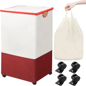 Laundry Basket with Wheels, Rolling Laundry Basket with Lid and Removable Bag, Collapsible Dirty Clothes Basket with Wheels for Bedroom, Bathroom, Dorm, Red/White