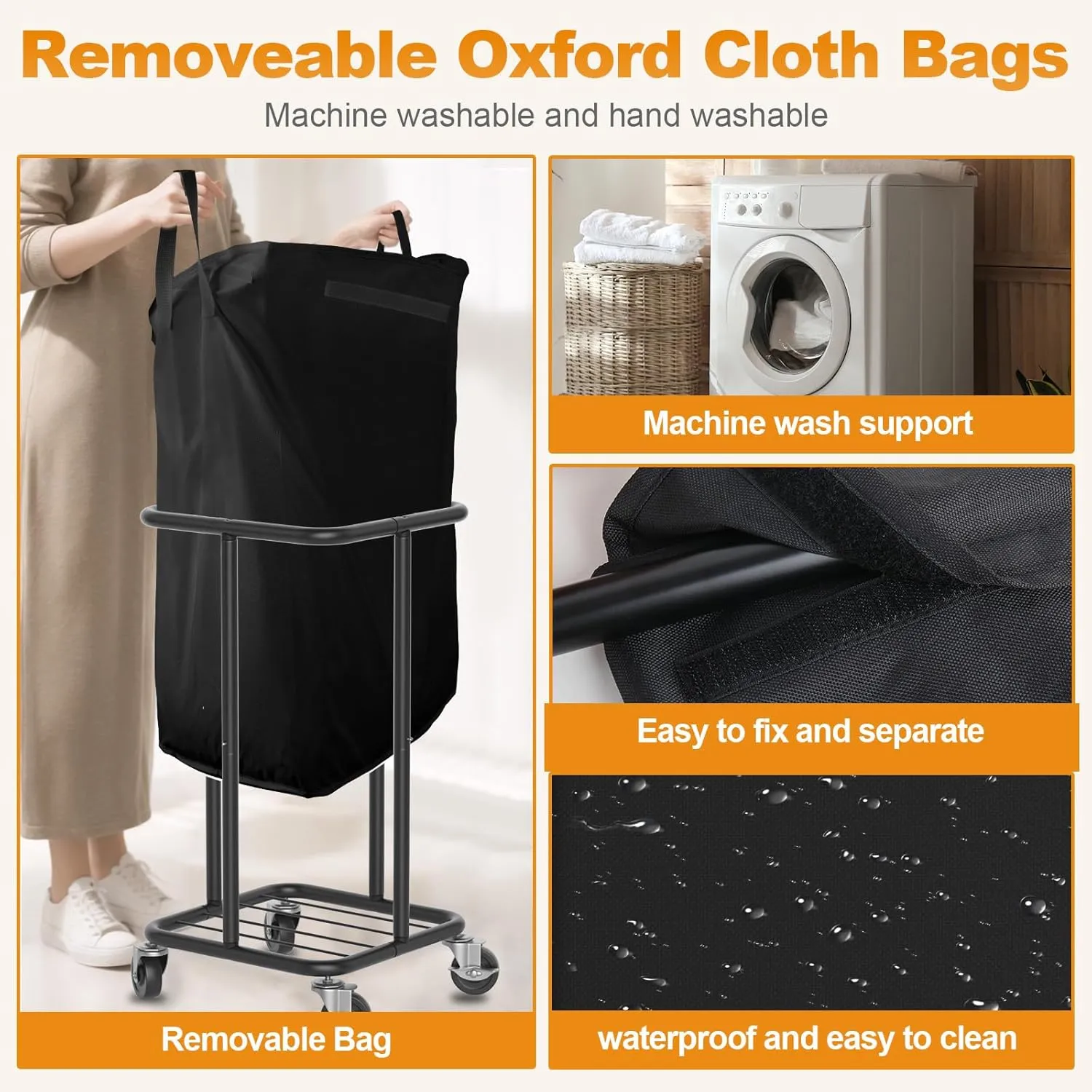 Laundry Basket with Wheels, Rolling Laundry Hamper, 30 Gal.(115L), Removable and Machine Washable Liner, Steel Frame, Tall Laundry Cart for Laundry Room, Bedroom, Bathroom, Dorm Storage -Black