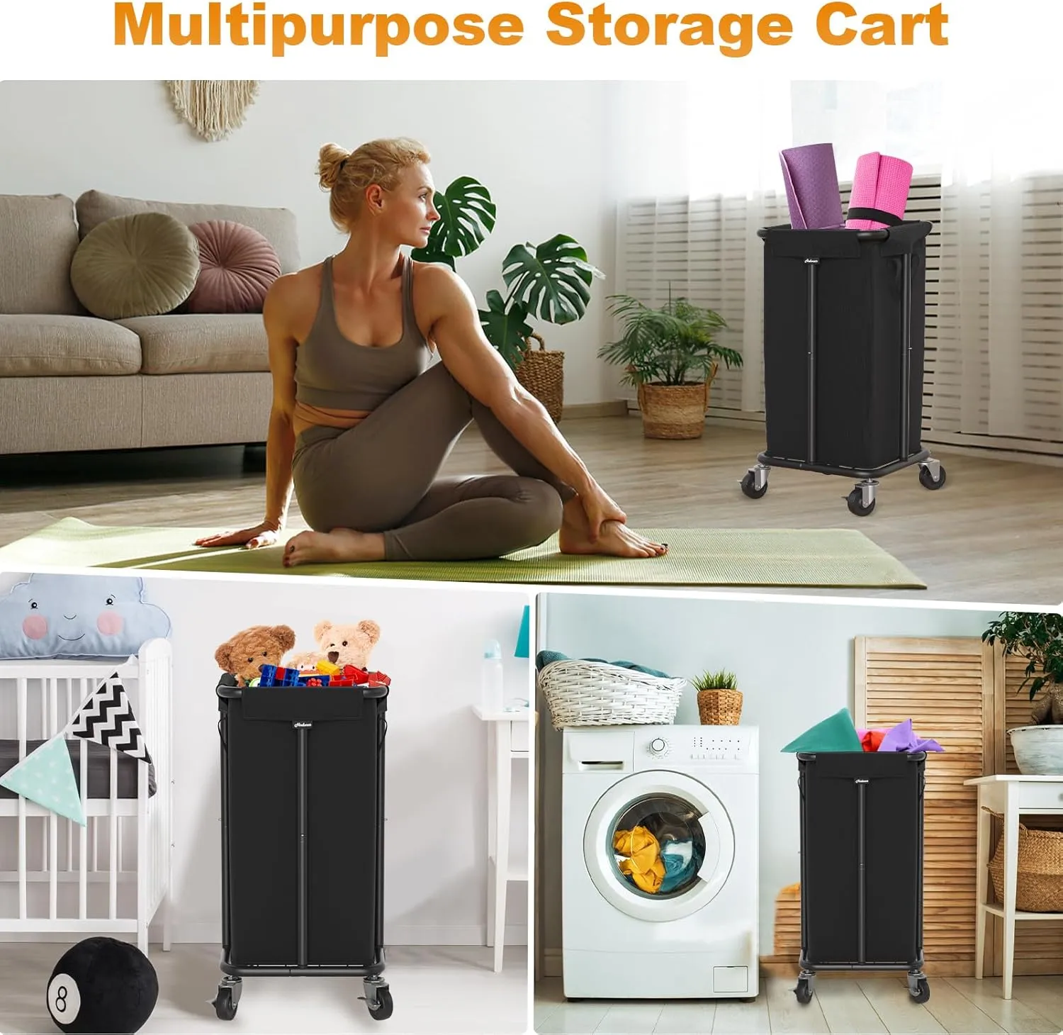 Laundry Basket with Wheels, Rolling Laundry Hamper, 30 Gal.(115L), Removable and Machine Washable Liner, Steel Frame, Tall Laundry Cart for Laundry Room, Bedroom, Bathroom, Dorm Storage -Black