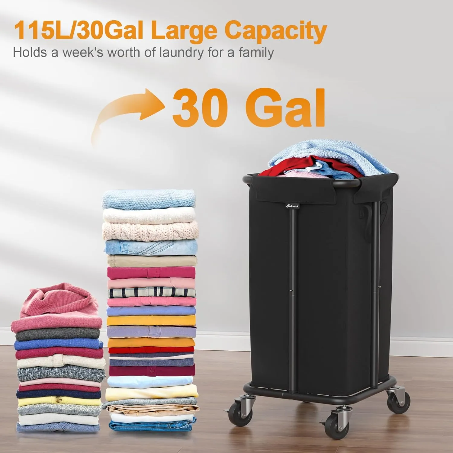 Laundry Basket with Wheels, Rolling Laundry Hamper, 30 Gal.(115L), Removable and Machine Washable Liner, Steel Frame, Tall Laundry Cart for Laundry Room, Bedroom, Bathroom, Dorm Storage -Black