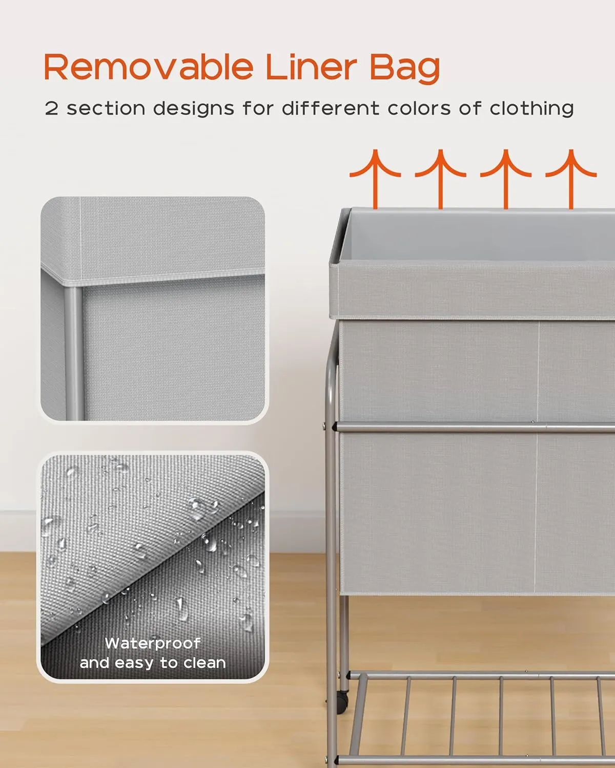 Laundry Basket with Wheels, Rolling Laundry Hamper, Laundry Sorter with Removable Liner, Steel Frame with Handle, 80L,19.7 x 13 x 25.2 Inches, Grey, LHC100G01