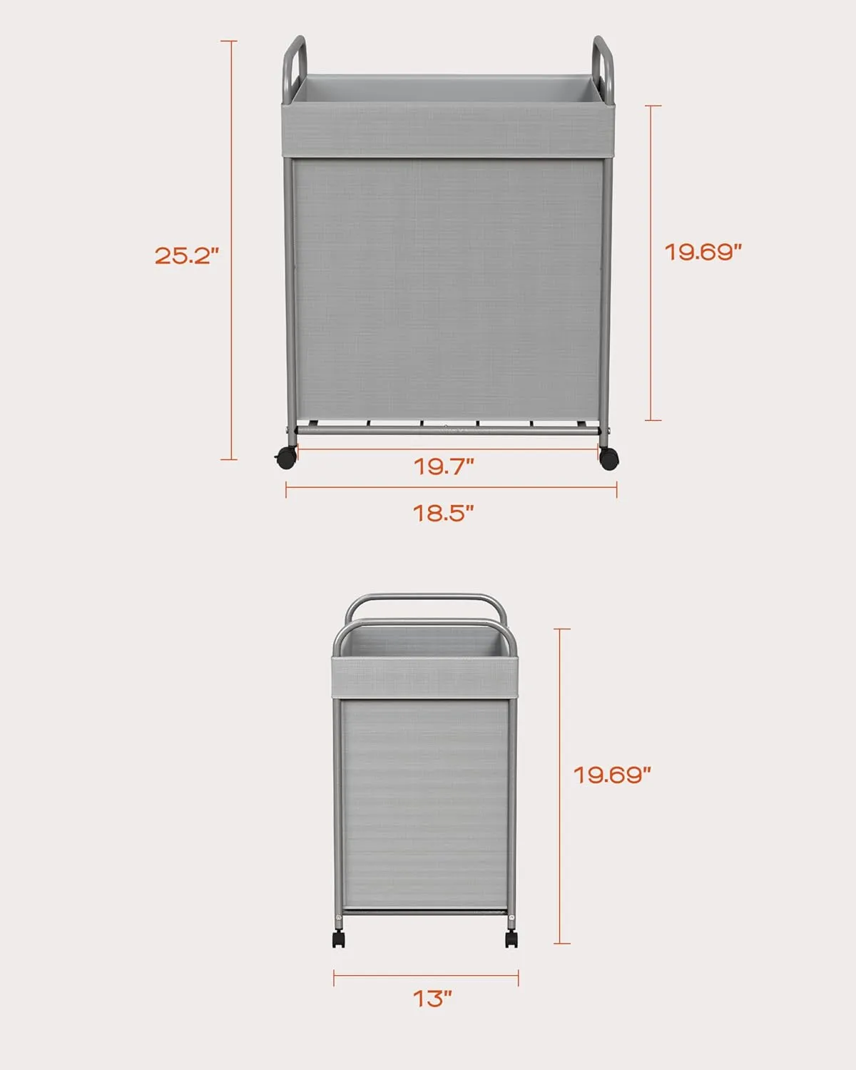 Laundry Basket with Wheels, Rolling Laundry Hamper, Laundry Sorter with Removable Liner, Steel Frame with Handle, 80L,19.7 x 13 x 25.2 Inches, Grey, LHC100G01