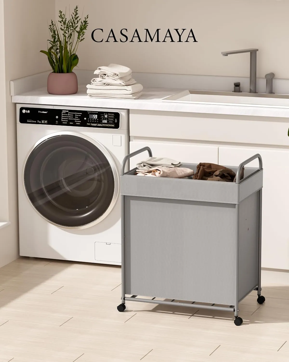Laundry Basket with Wheels, Rolling Laundry Hamper, Laundry Sorter with Removable Liner, Steel Frame with Handle, 80L,19.7 x 13 x 25.2 Inches, Grey, LHC100G01