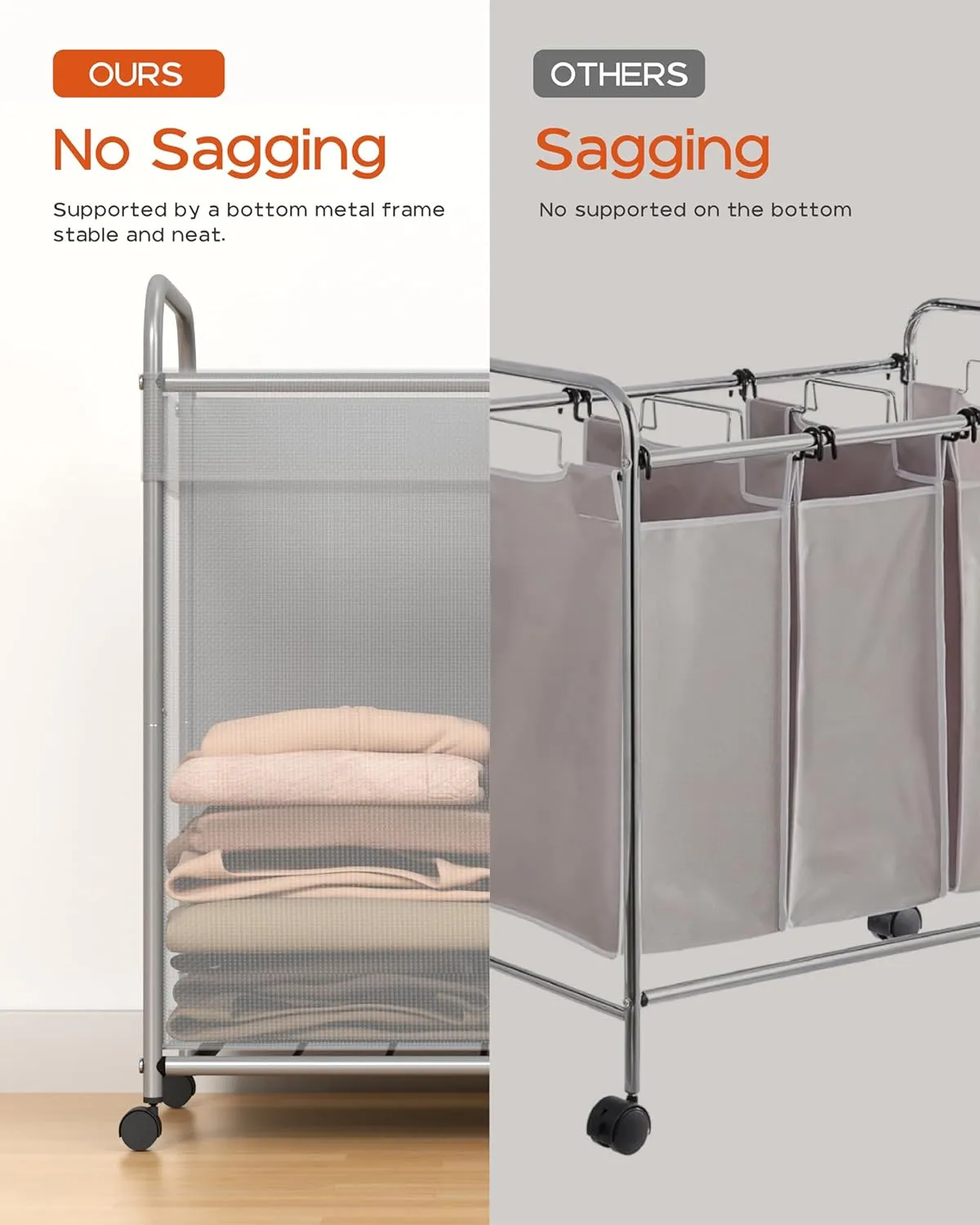 Laundry Basket with Wheels, Rolling Laundry Hamper, Laundry Sorter with Removable Liner, Steel Frame with Handle, 80L,19.7 x 13 x 25.2 Inches, Grey, LHC100G01