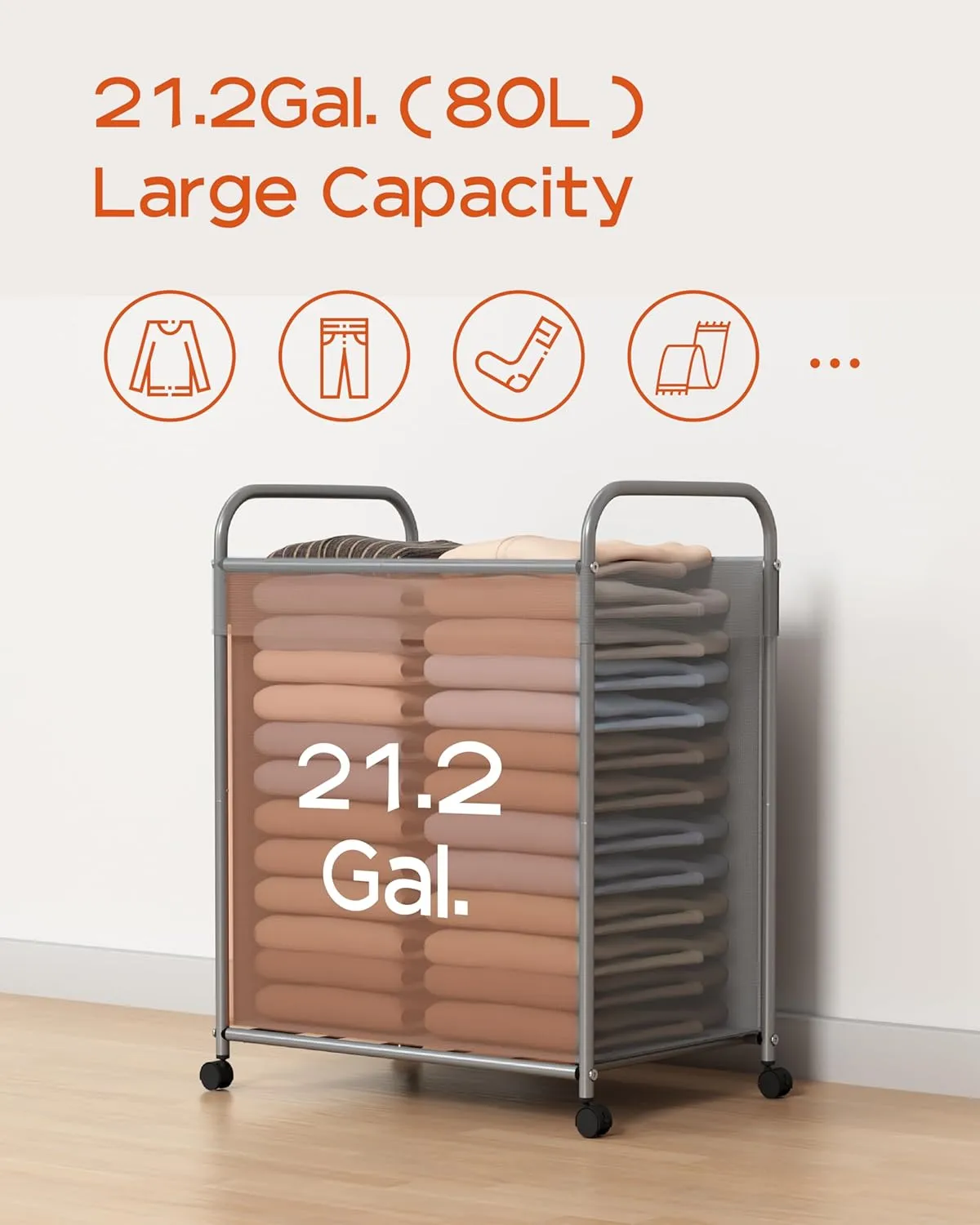 Laundry Basket with Wheels, Rolling Laundry Hamper, Laundry Sorter with Removable Liner, Steel Frame with Handle, 80L,19.7 x 13 x 25.2 Inches, Grey, LHC100G01