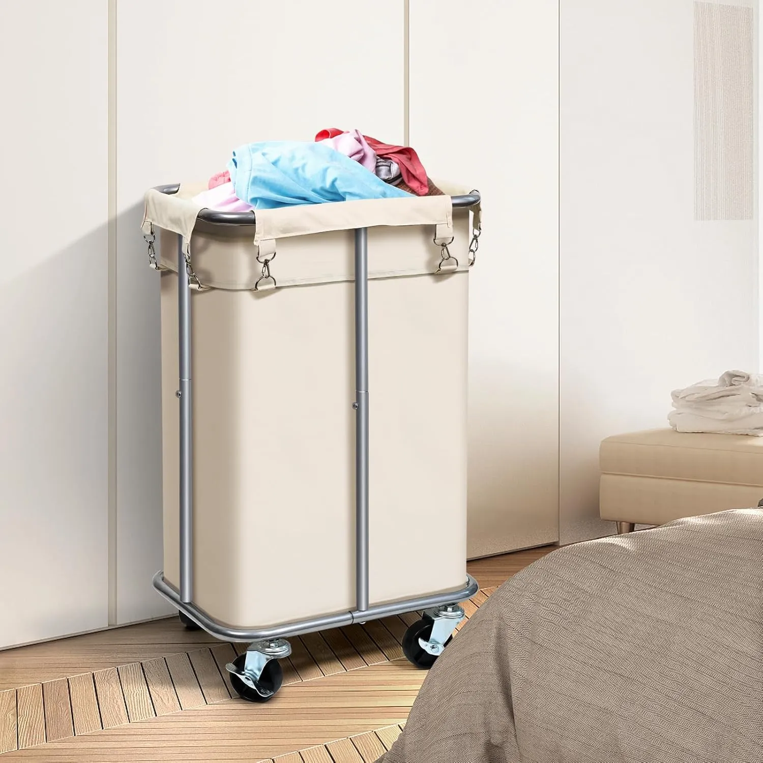 Laundry Basket with Wheels, Rolling Laundry Hamper with Removable Bag, 100L Laundry Sorter Cart, Narrow Slim Clothes Hamper Organizer with Sturdy Metal Frame, Beige