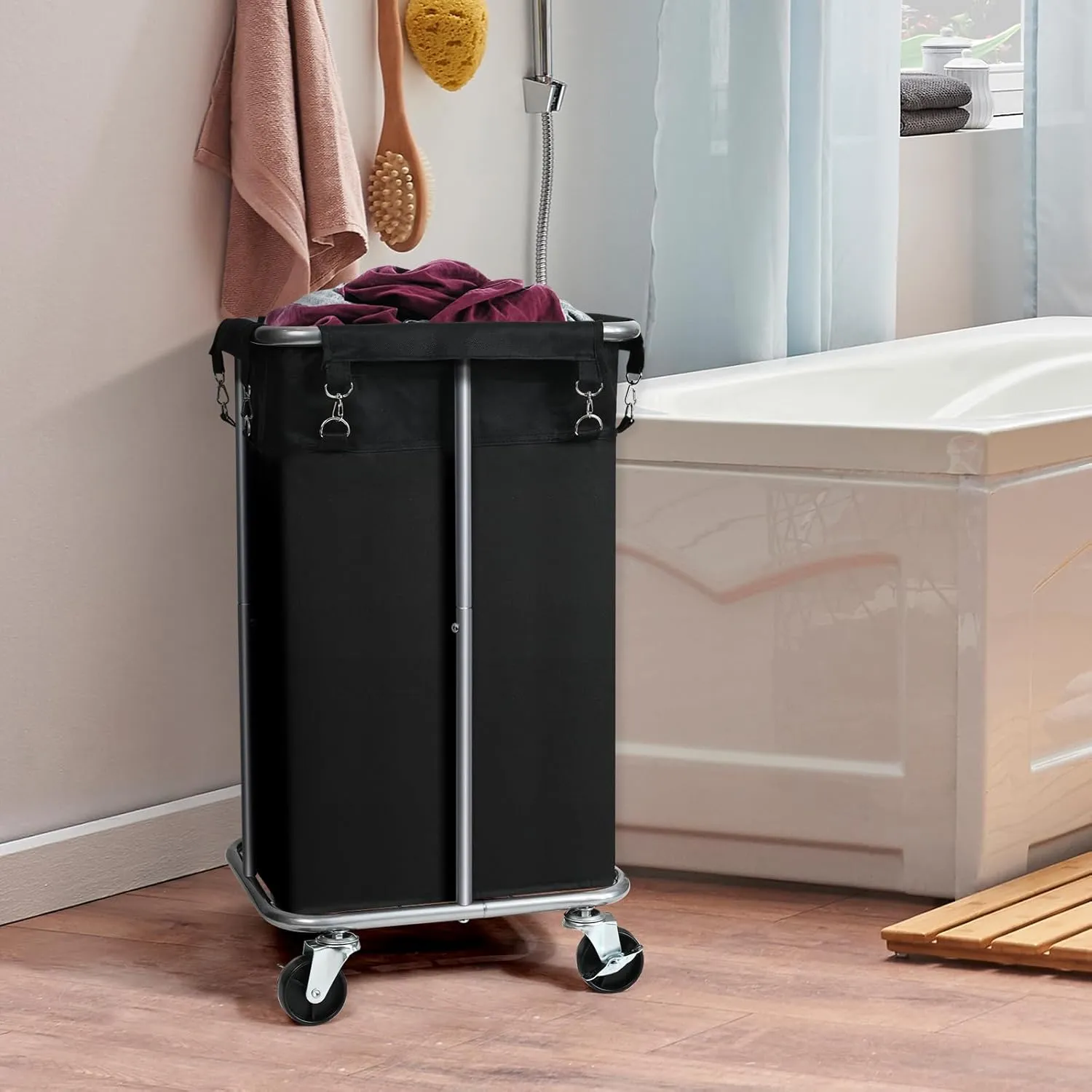 Laundry Basket with Wheels, Rolling Laundry Hamper with Removable Bag, 100L Laundry Sorter Cart, Narrow Slim Clothes Hamper Organizer with Sturdy Metal Frame, Black Silver