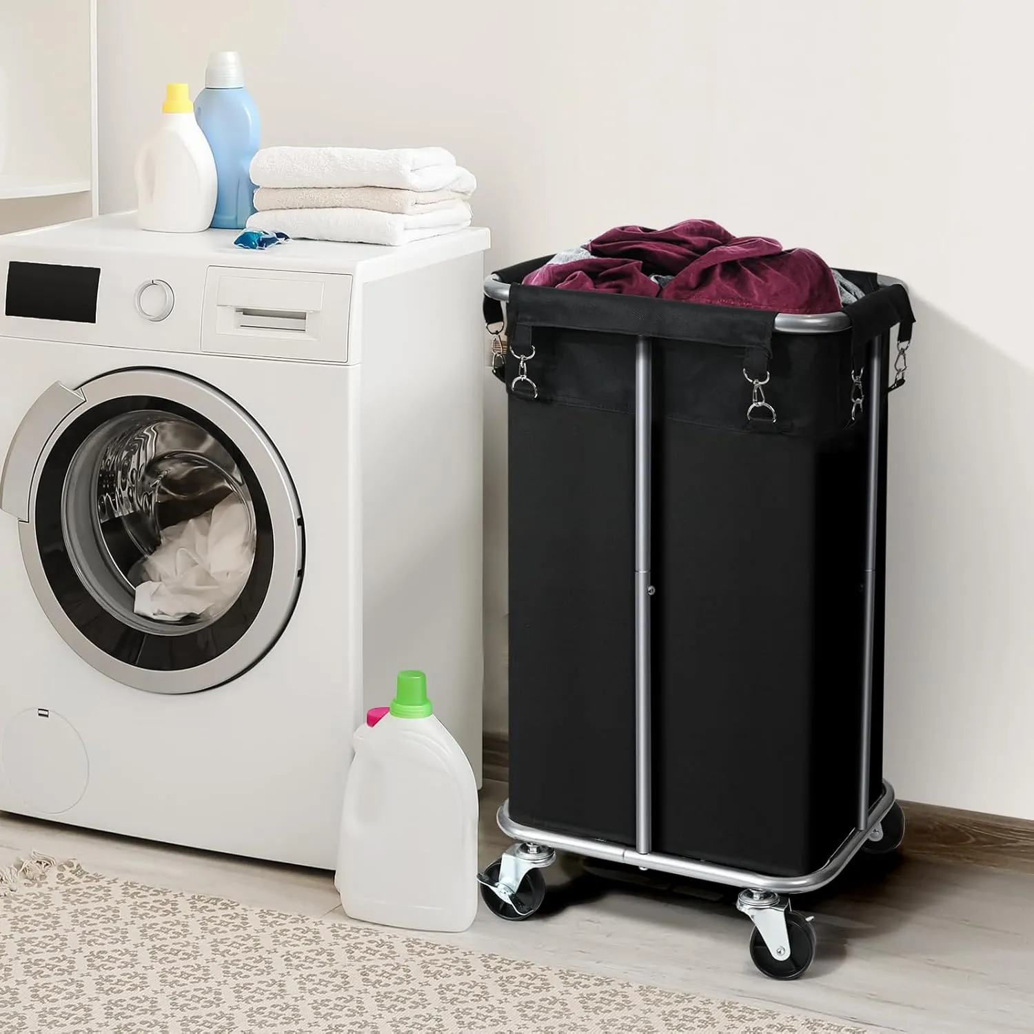 Laundry Basket with Wheels, Rolling Laundry Hamper with Removable Bag, 100L Laundry Sorter Cart, Narrow Slim Clothes Hamper Organizer with Sturdy Metal Frame, Black Silver