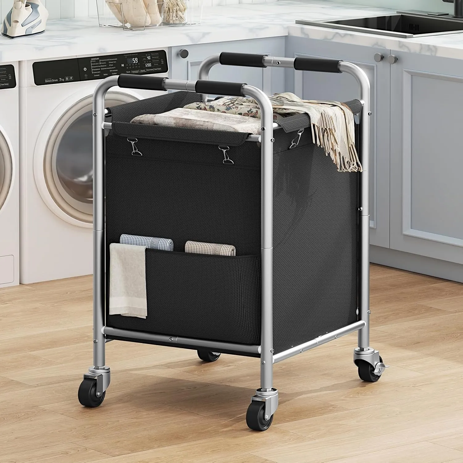 Laundry Basket with Wheels, Rolling Laundry Sorter Cart with Side pockets,47.6GAL(180L) Rolling Laundry Hamper with Removable Bag and Handle for Bedroom, Black