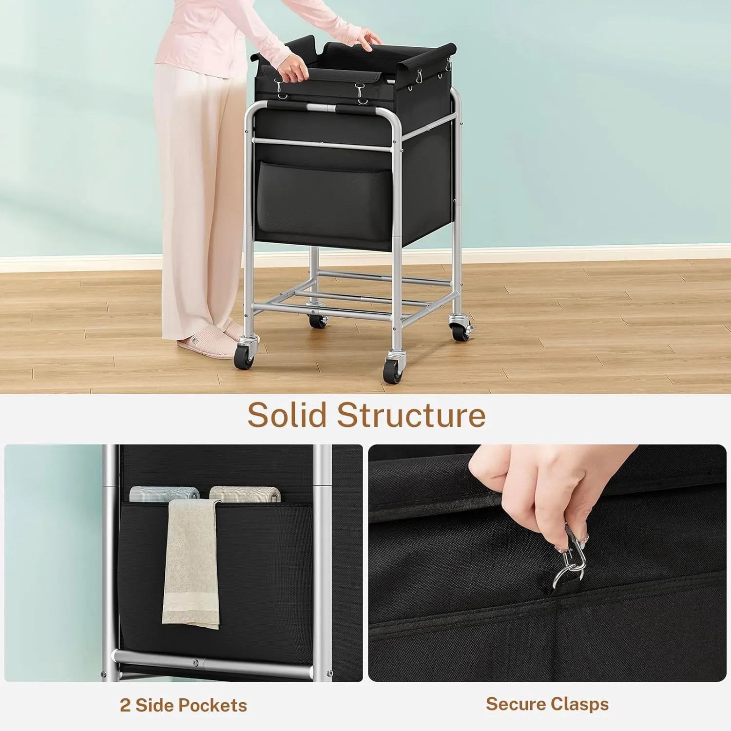 Laundry Basket with Wheels, Rolling Laundry Sorter Cart with Side pockets,47.6GAL(180L) Rolling Laundry Hamper with Removable Bag and Handle for Bedroom, Black
