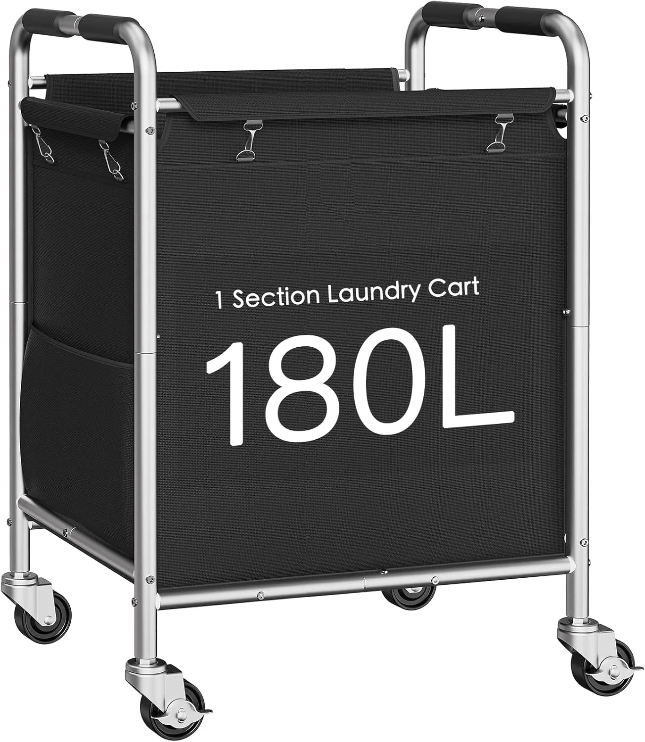 Laundry Basket with Wheels, Rolling Laundry Sorter Cart with Side pockets,47.6GAL(180L) Rolling Laundry Hamper with Removable Bag and Handle for Bedroom, Black