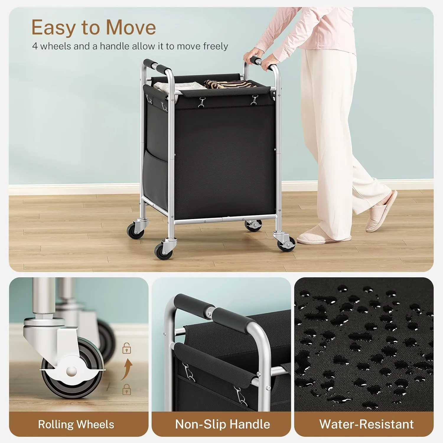 Laundry Basket with Wheels, Rolling Laundry Sorter Cart with Side pockets,47.6GAL(180L) Rolling Laundry Hamper with Removable Bag and Handle for Bedroom, Black