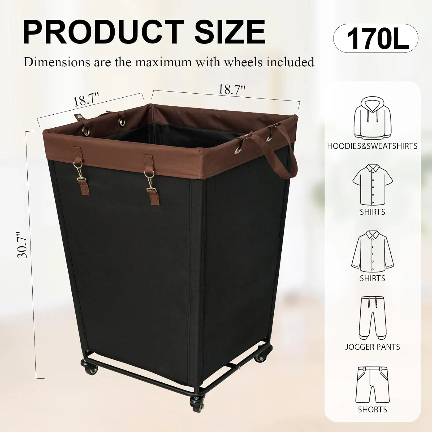 Laundry Basket with Wheels,Rolling Laundry Hamper，Extra Large Laundry Basket, Dirty Clothes Hamper with Removable Liner (Black, 170L)