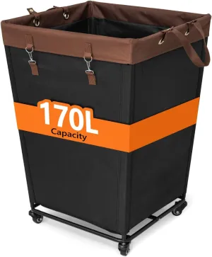 Laundry Basket with Wheels,Rolling Laundry Hamper，Extra Large Laundry Basket, Dirty Clothes Hamper with Removable Liner (Black, 170L)