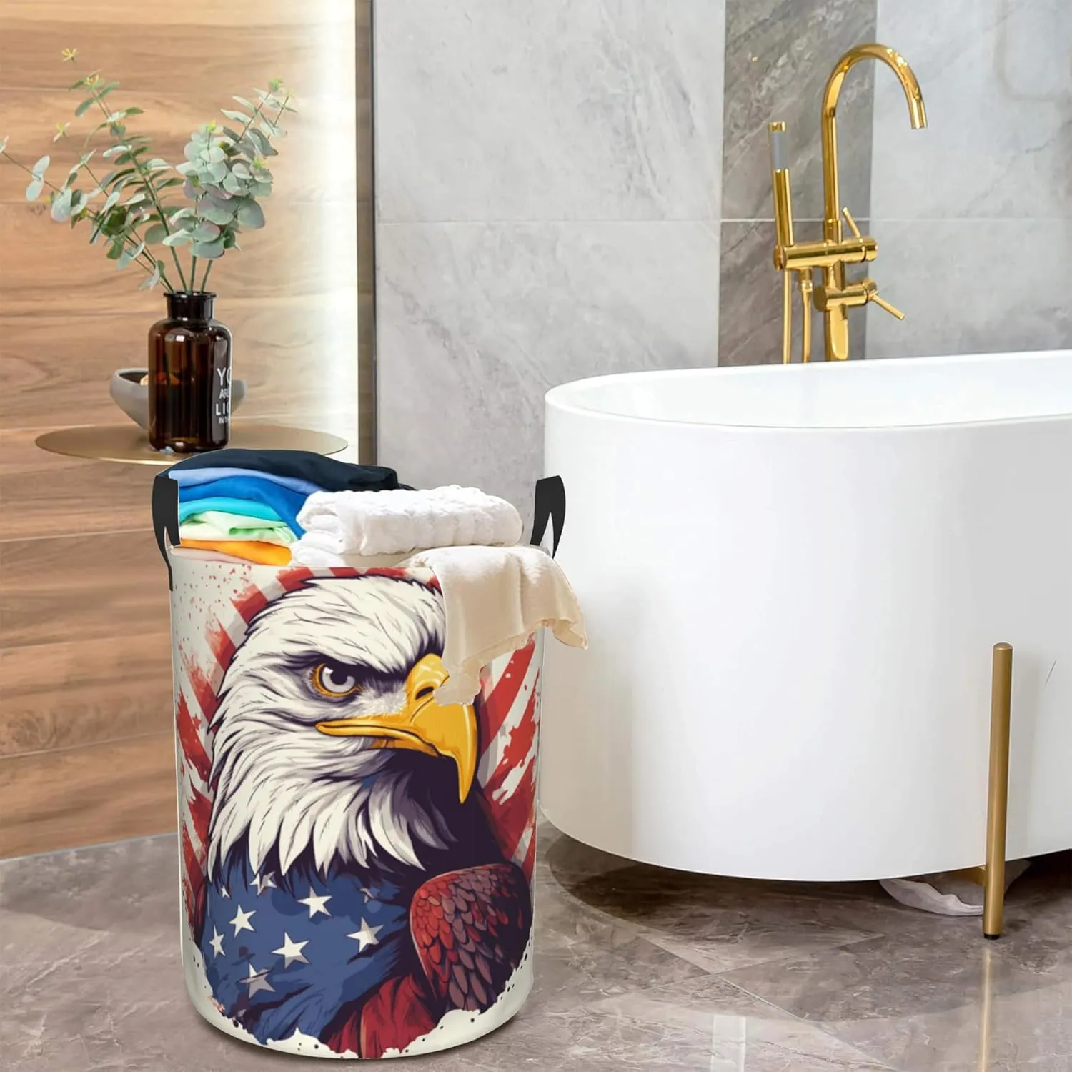 Laundry Basket,American Bald Eagle Laundry Hamper Usa Flag Collapsible Organizer Basket,Toy Storage Bin Room Decor Gift Clothes Baskets,Bedroom Children Nursery Hamper 16x20 Inch