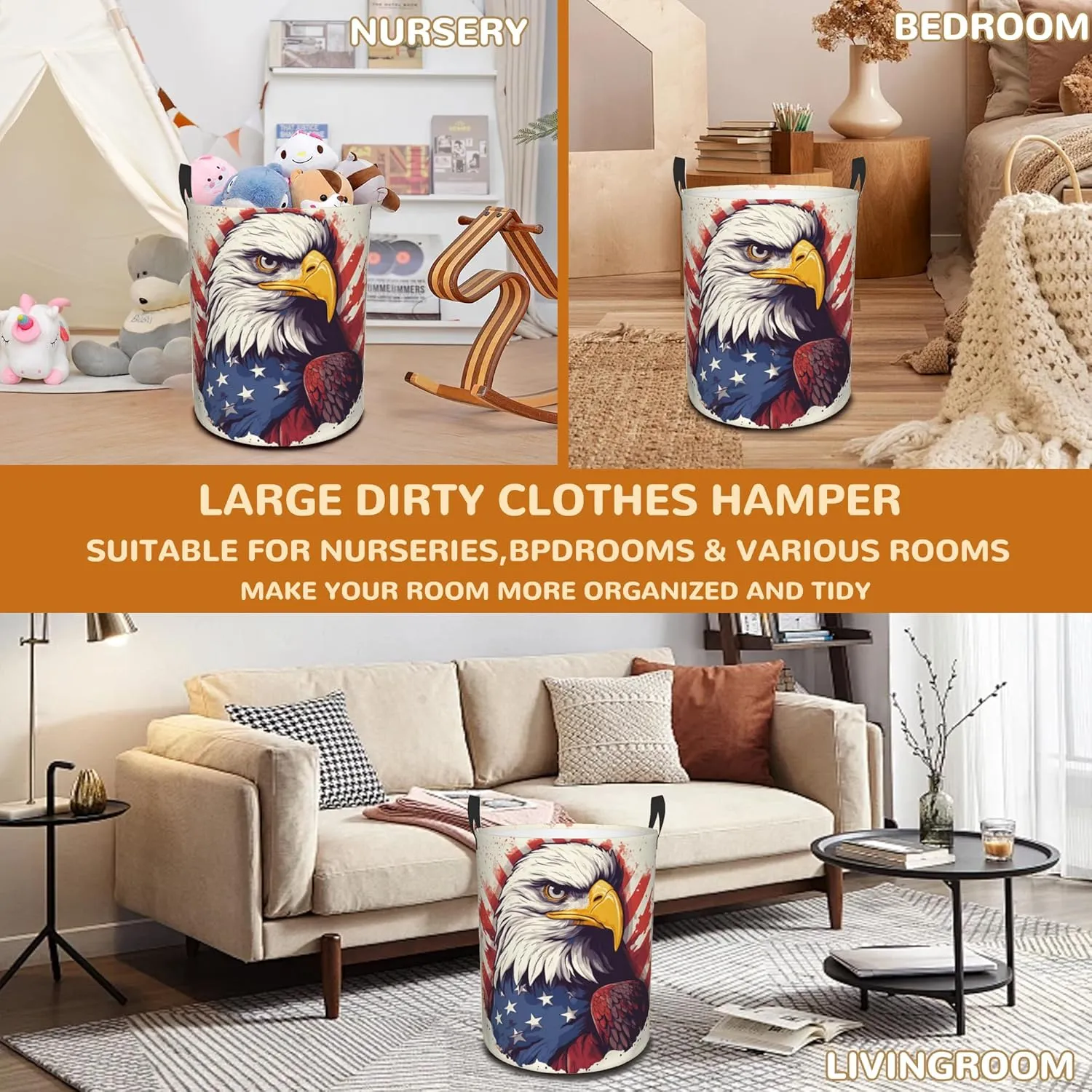 Laundry Basket,American Bald Eagle Laundry Hamper Usa Flag Collapsible Organizer Basket,Toy Storage Bin Room Decor Gift Clothes Baskets,Bedroom Children Nursery Hamper 16x20 Inch