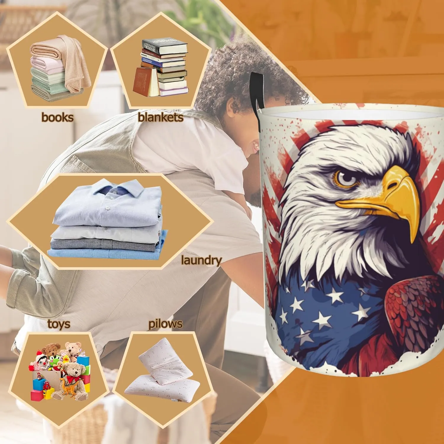Laundry Basket,American Bald Eagle Laundry Hamper Usa Flag Collapsible Organizer Basket,Toy Storage Bin Room Decor Gift Clothes Baskets,Bedroom Children Nursery Hamper 16x20 Inch