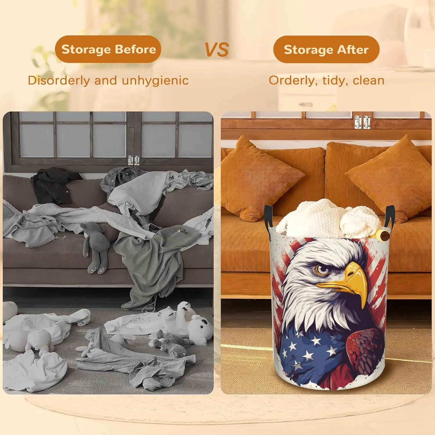 Laundry Basket,American Bald Eagle Laundry Hamper Usa Flag Collapsible Organizer Basket,Toy Storage Bin Room Decor Gift Clothes Baskets,Bedroom Children Nursery Hamper 16x20 Inch