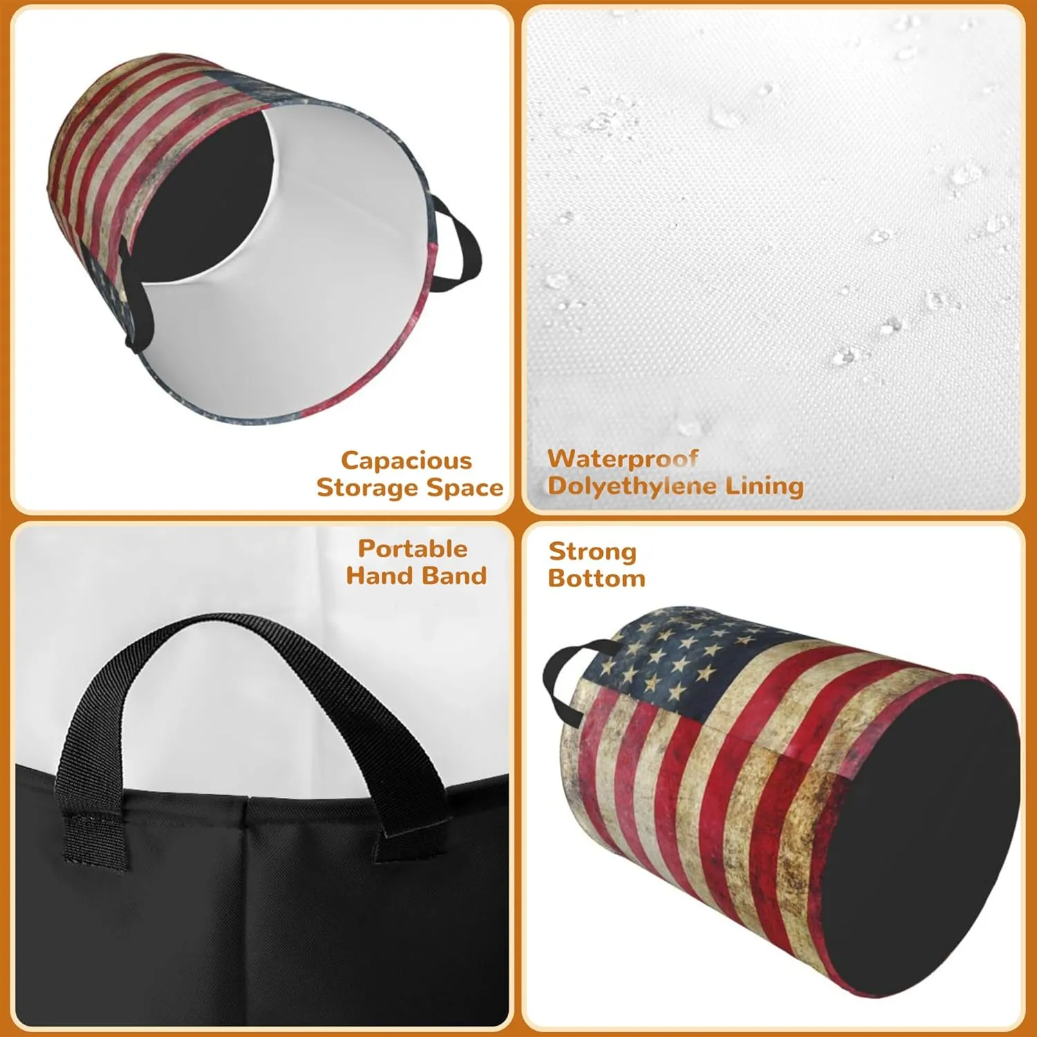 Laundry Basket,American Flag Laundry Hamper Retro Collapsible Organizer Basket,Toy Storage Bin Room Decor Gift Clothes Baskets,Bedroom Children Nursery Hamper 16x20 Inch