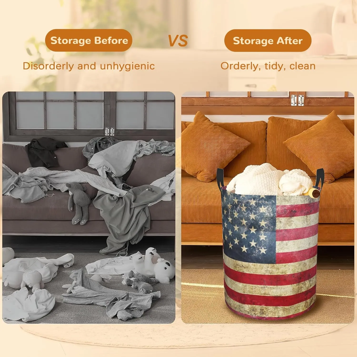 Laundry Basket,American Flag Laundry Hamper Retro Collapsible Organizer Basket,Toy Storage Bin Room Decor Gift Clothes Baskets,Bedroom Children Nursery Hamper 16x20 Inch