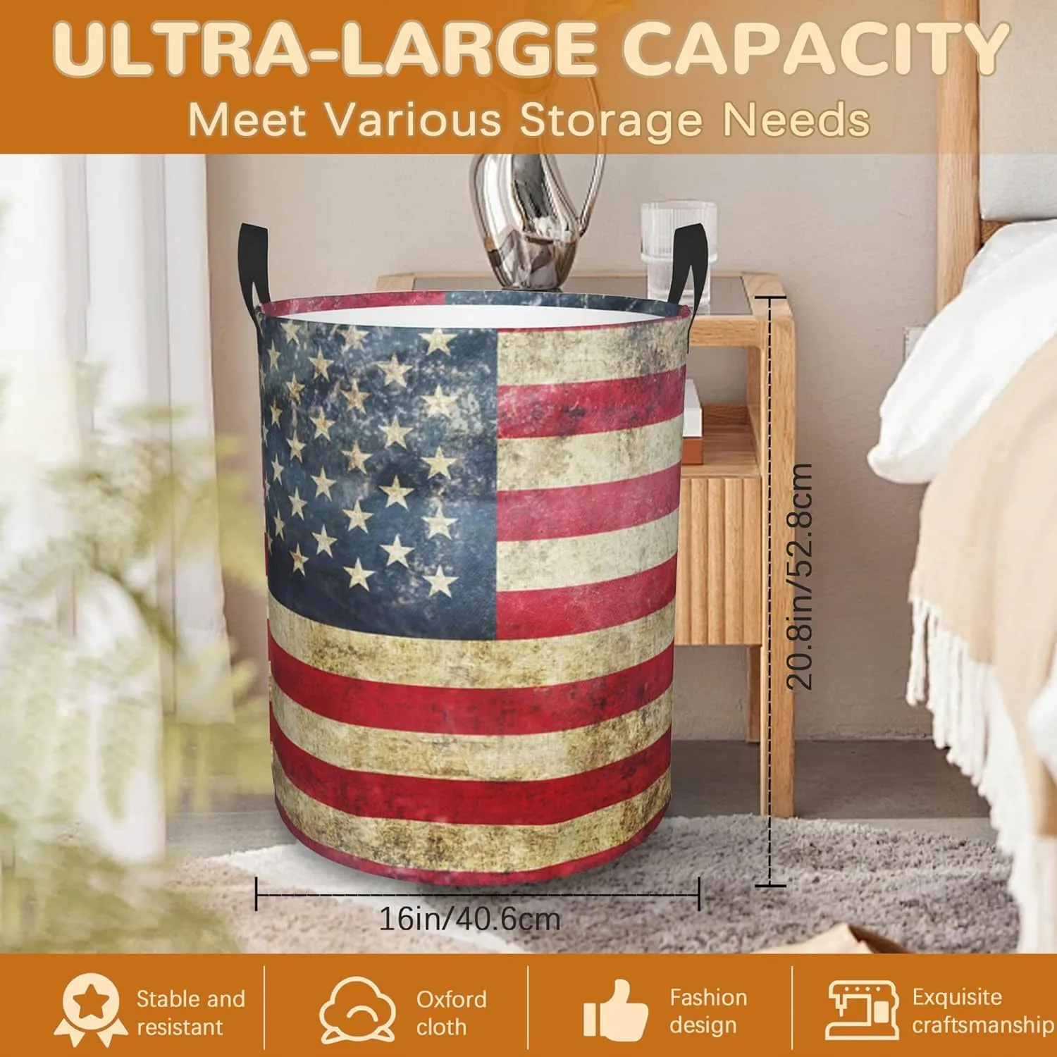 Laundry Basket,American Flag Laundry Hamper Retro Collapsible Organizer Basket,Toy Storage Bin Room Decor Gift Clothes Baskets,Bedroom Children Nursery Hamper 16x20 Inch