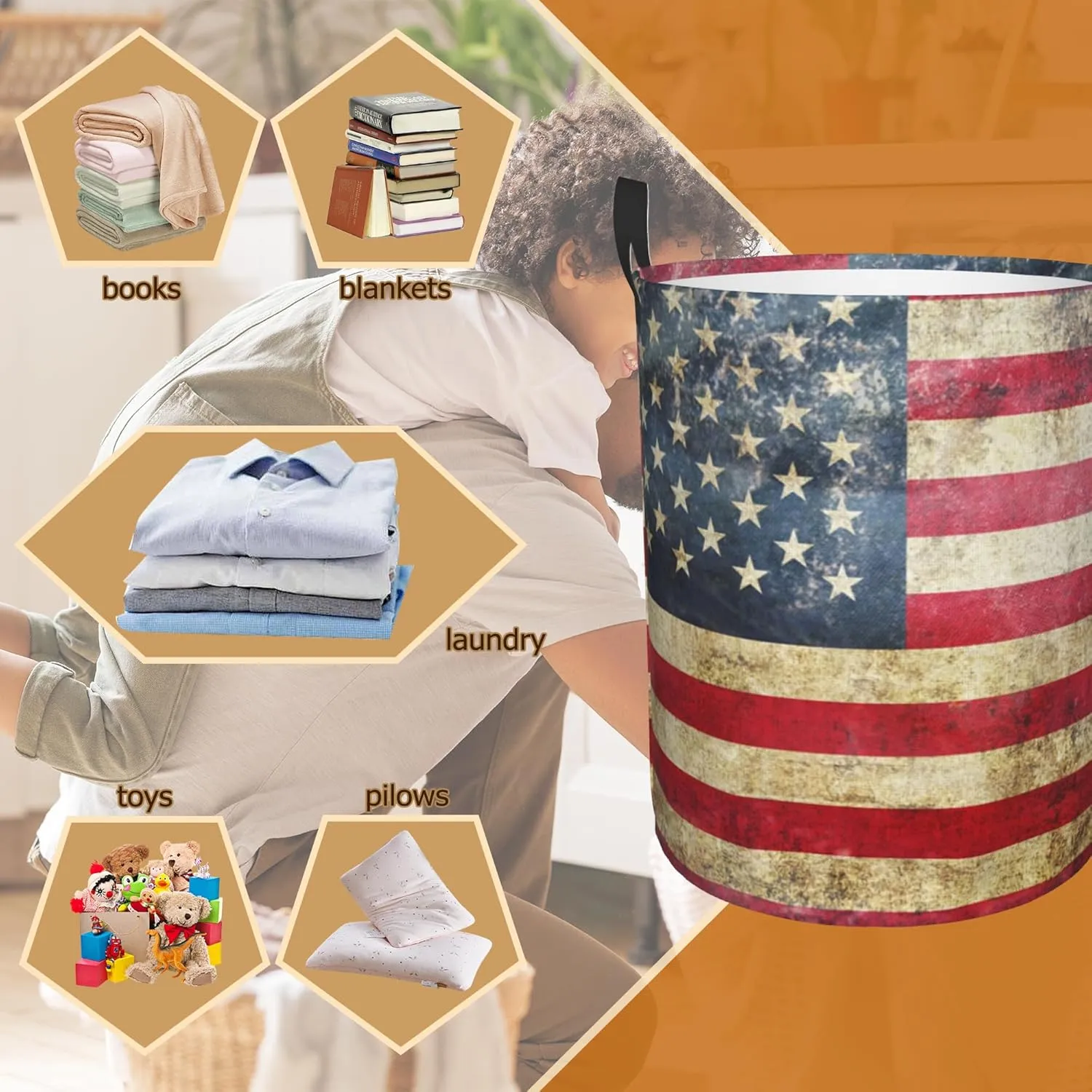 Laundry Basket,American Flag Laundry Hamper Retro Collapsible Organizer Basket,Toy Storage Bin Room Decor Gift Clothes Baskets,Bedroom Children Nursery Hamper 16x20 Inch