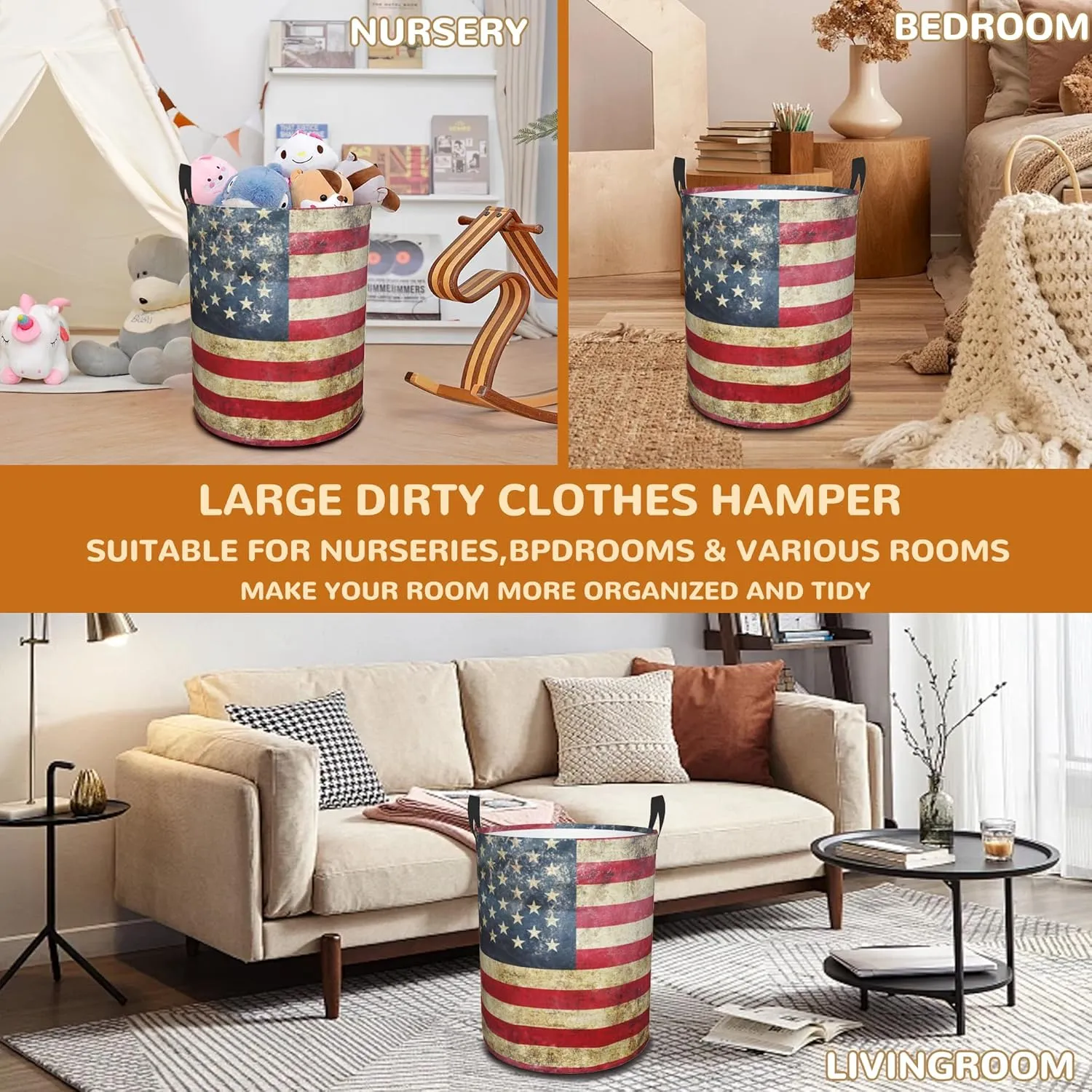 Laundry Basket,American Flag Laundry Hamper Retro Collapsible Organizer Basket,Toy Storage Bin Room Decor Gift Clothes Baskets,Bedroom Children Nursery Hamper 16x20 Inch