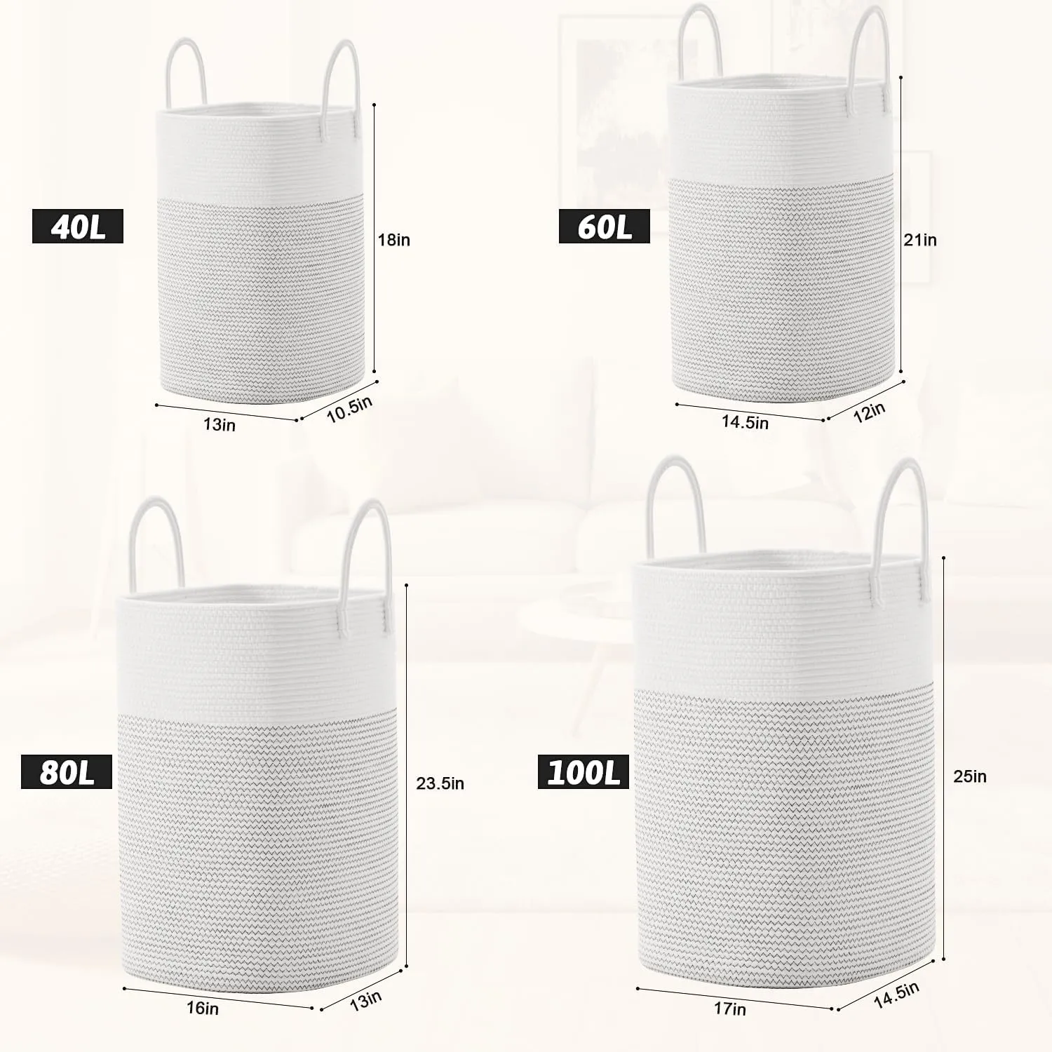 Laundry Basket,Woven Cotton Rope Laundry Hamper Sorters,80L Versatile Storage for Dirty Clothes,Baby Toys,and Blankets in Bathroom, Nursery,and Living Room