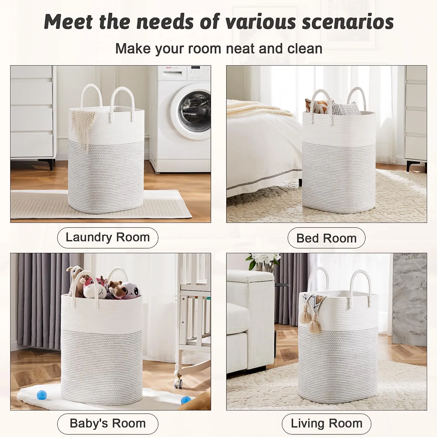 Laundry Basket,Woven Cotton Rope Laundry Hamper Sorters,80L Versatile Storage for Dirty Clothes,Baby Toys,and Blankets in Bathroom, Nursery,and Living Room