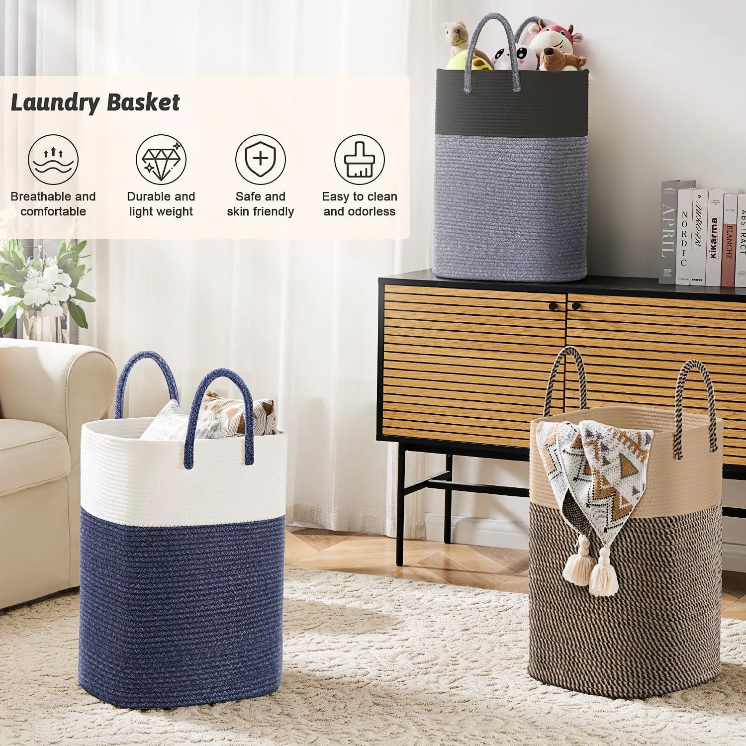 Laundry Basket,Woven Cotton Rope Laundry Hamper Sorters,80L Versatile Storage for Dirty Clothes,Baby Toys,and Blankets in Bathroom, Nursery,and Living Room