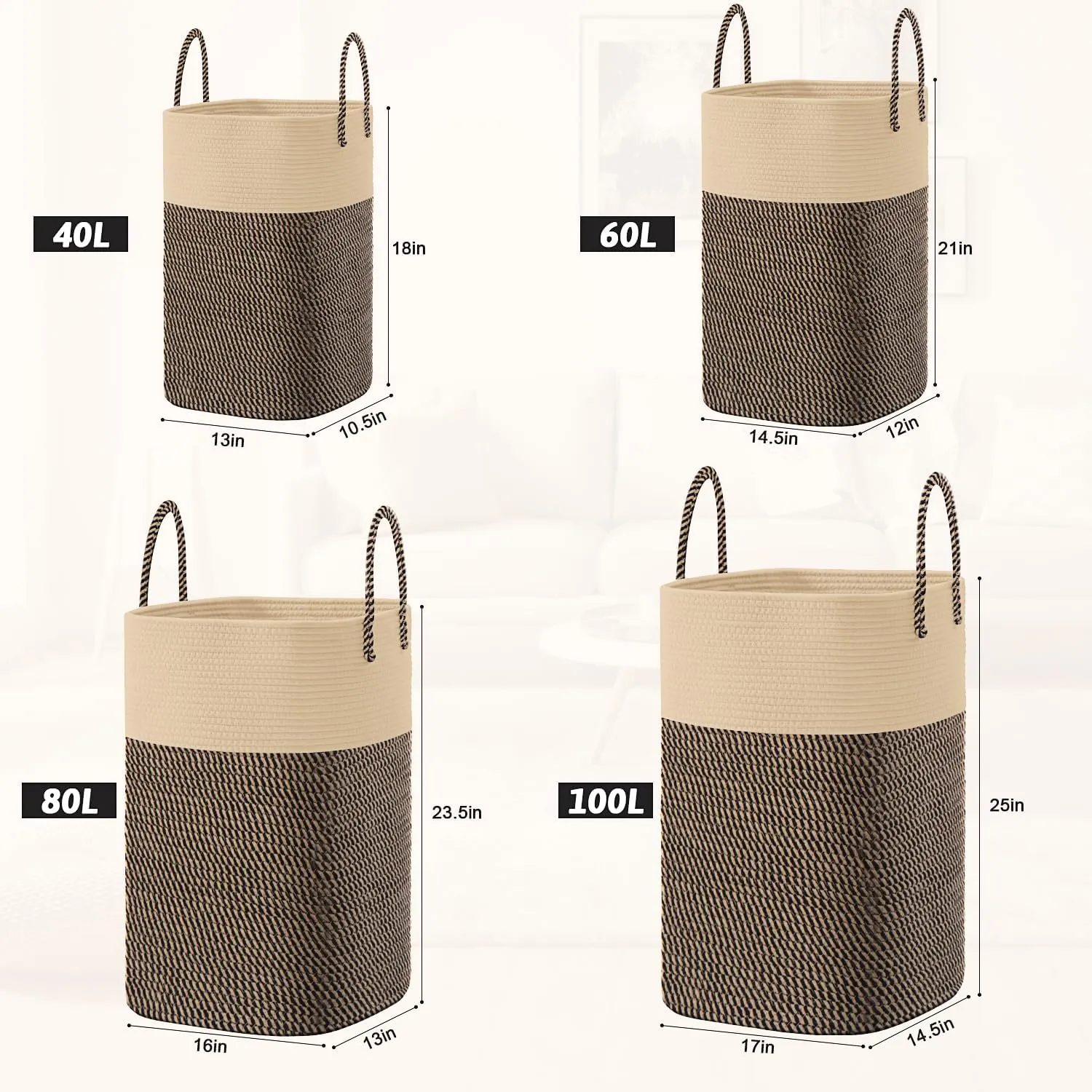 Laundry Basket,Woven Cotton Rope Laundry Hamper Sorters,80L Versatile Storage for Dirty Clothes,Baby Toys,and Blankets in Bathroom, Nursery,and Living Room