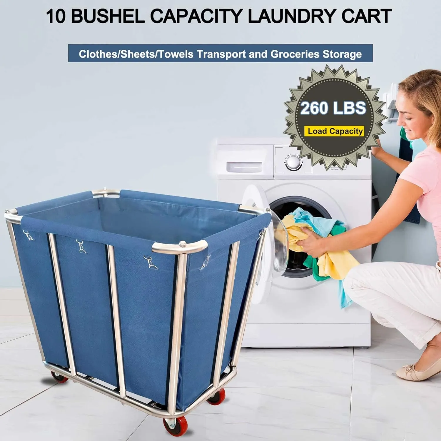 Laundry Cart Commercial,10 Bushel (350L) Large Industrial Rolling Laundry Hamper with 4 Inch Wheels,Home Heavy Duty Laundry Baskets with Stainless Steel Frame, 286 LBS Load,10 Support Tubes