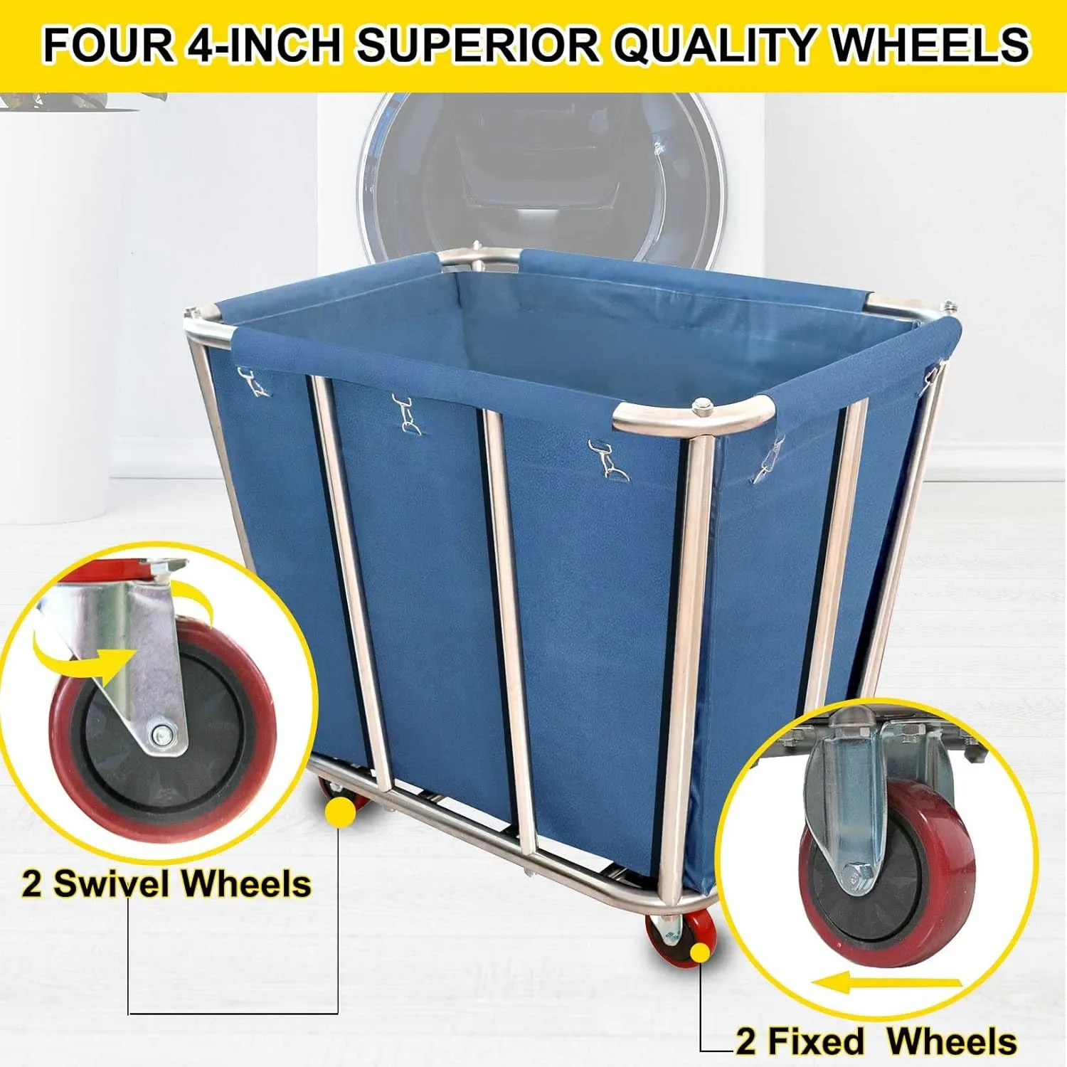 Laundry Cart Commercial,10 Bushel (350L) Large Industrial Rolling Laundry Hamper with 4 Inch Wheels,Home Heavy Duty Laundry Baskets with Stainless Steel Frame, 286 LBS Load,10 Support Tubes