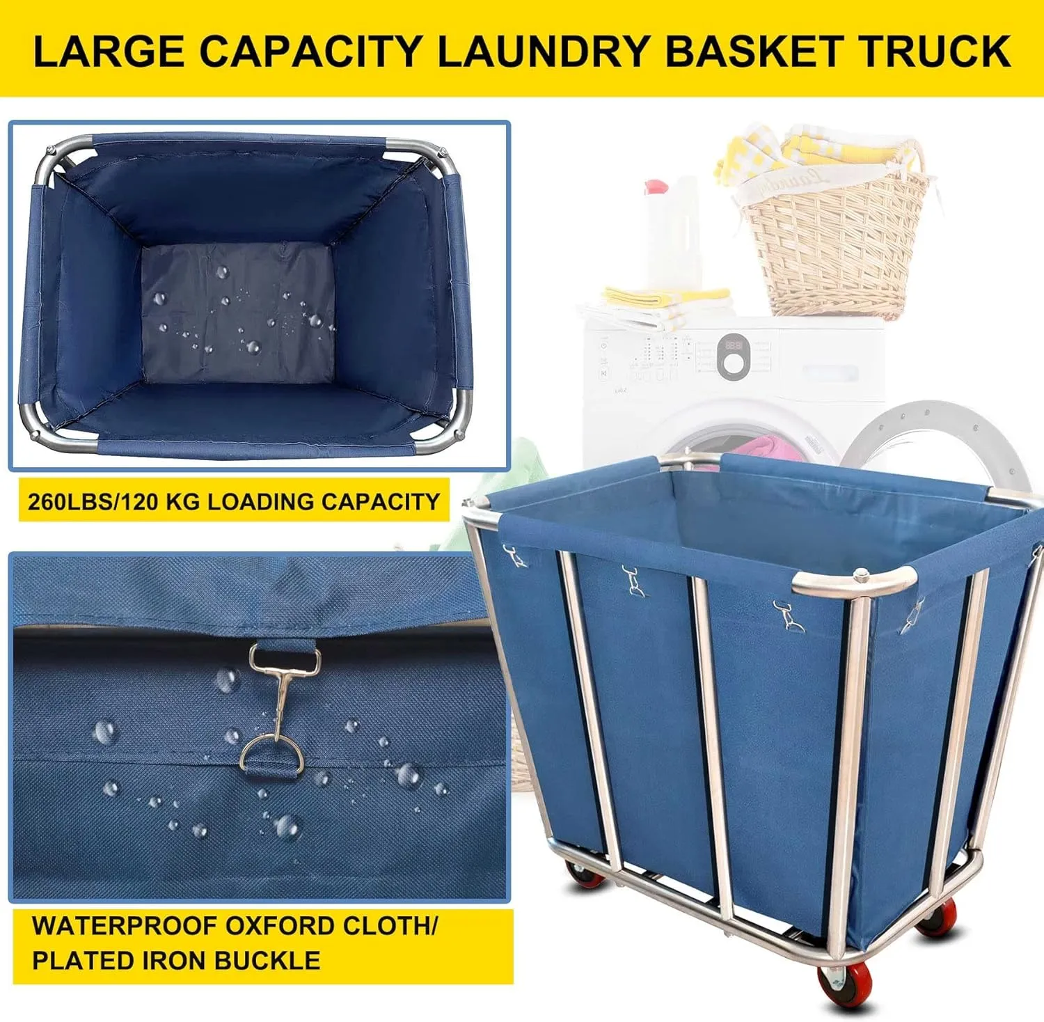 Laundry Cart Commercial,10 Bushel (350L) Large Industrial Rolling Laundry Hamper with 4 Inch Wheels,Home Heavy Duty Laundry Baskets with Stainless Steel Frame, 286 LBS Load,10 Support Tubes