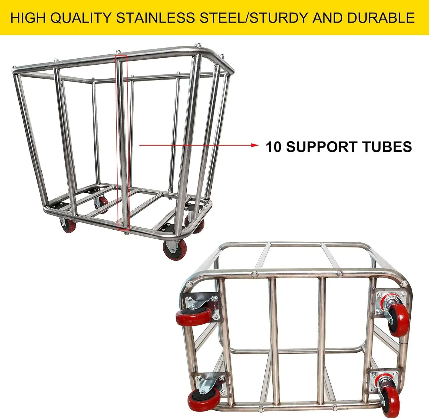 Laundry Cart Commercial,10 Bushel (350L) Large Industrial Rolling Laundry Hamper with 4 Inch Wheels,Home Heavy Duty Laundry Baskets with Stainless Steel Frame, 286 LBS Load,10 Support Tubes