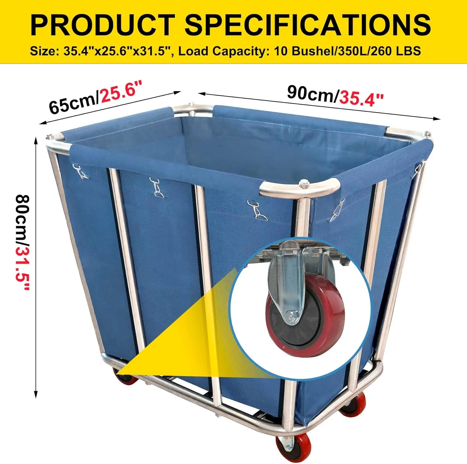 Laundry Cart Commercial,10 Bushel (350L) Large Industrial Rolling Laundry Hamper with 4 Inch Wheels,Home Heavy Duty Laundry Baskets with Stainless Steel Frame, 286 LBS Load,10 Support Tubes