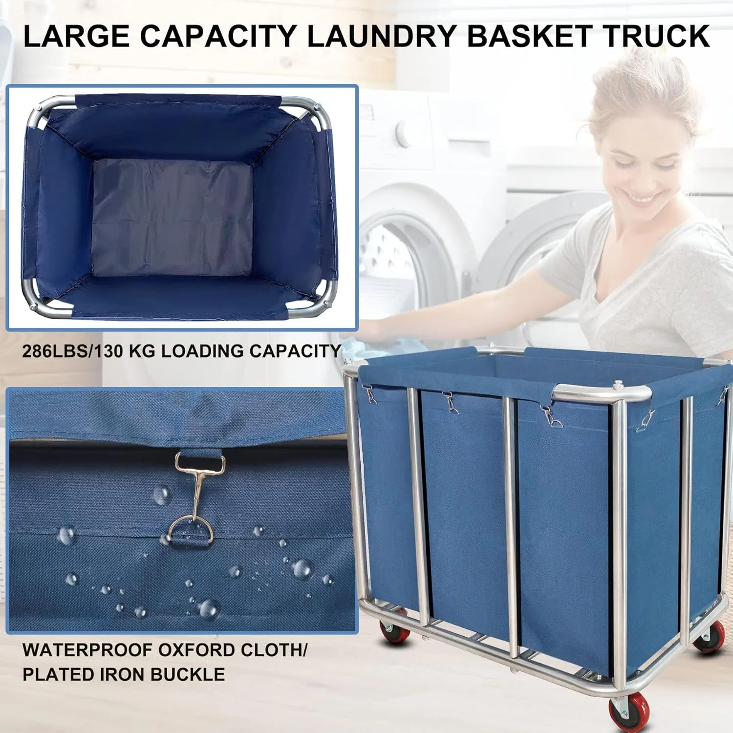 Laundry Cart Commercial,11.35 Bushel (400L) Large Industrial Rolling Laundry Hamper with 4 Inch Wheels,Home Heavy Duty Laundry Baskets with Stainless Steel Frame, 286 LBS Load，10 Support Tubes