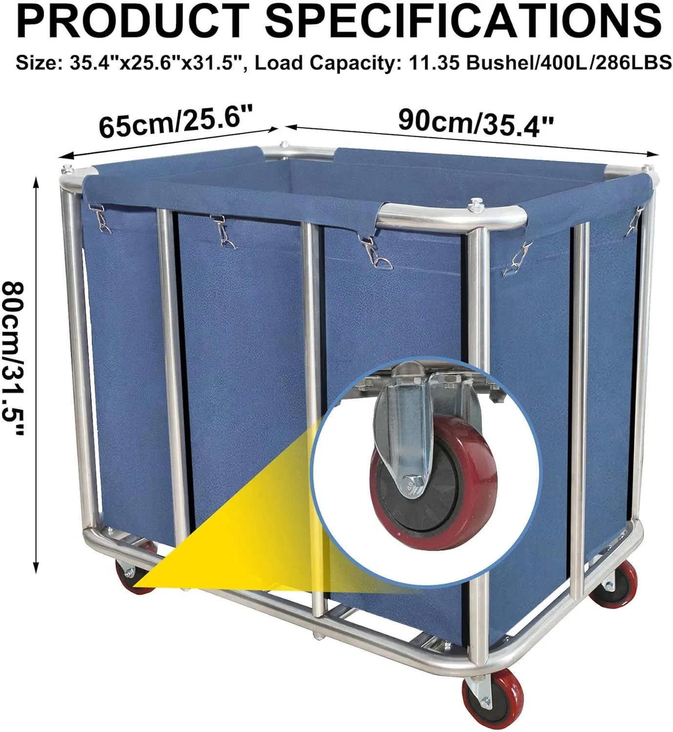 Laundry Cart Commercial,11.35 Bushel (400L) Large Industrial Rolling Laundry Hamper with 4 Inch Wheels,Home Heavy Duty Laundry Baskets with Stainless Steel Frame, 286 LBS Load，10 Support Tubes