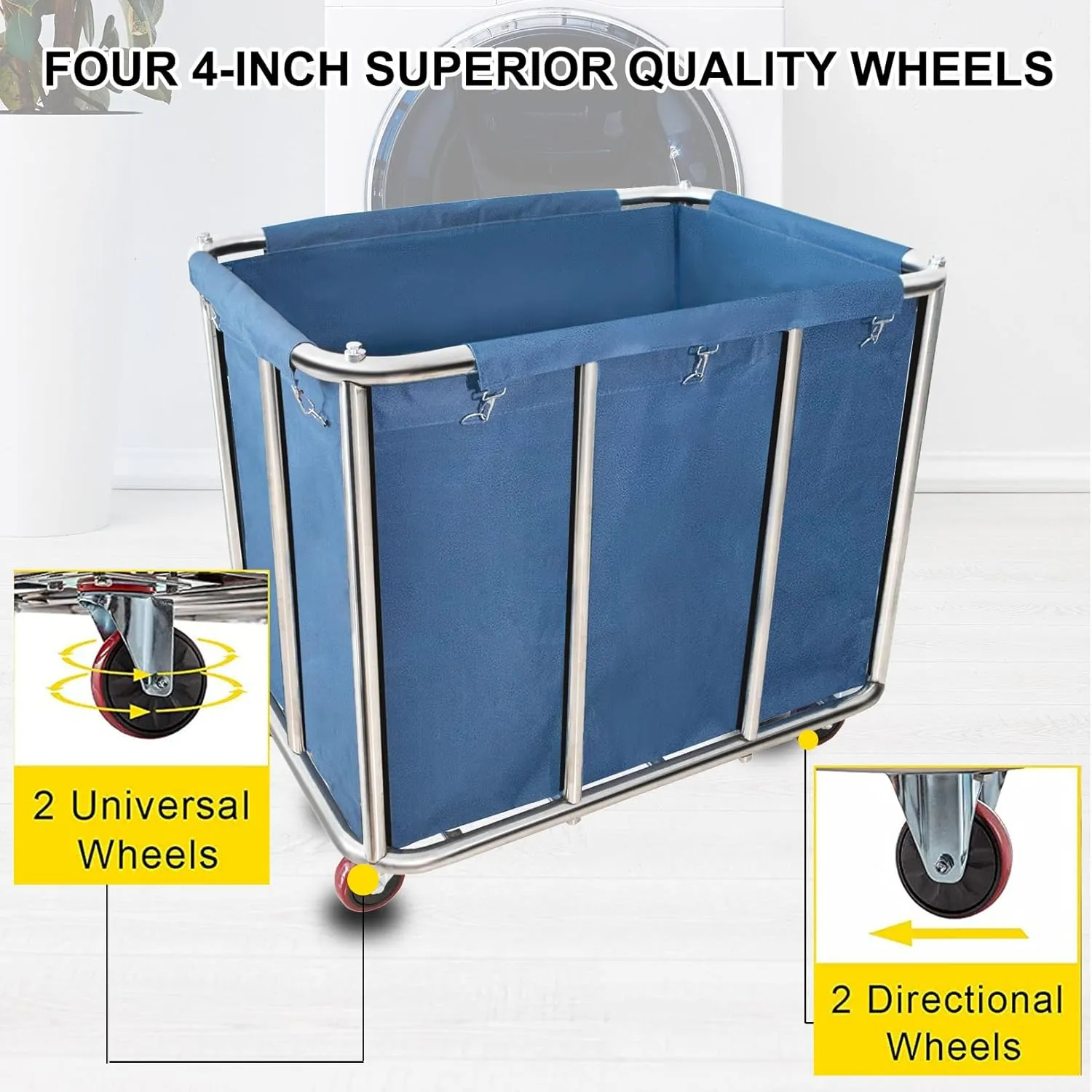 Laundry Cart Commercial,11.35 Bushel (400L) Large Industrial Rolling Laundry Hamper with 4 Inch Wheels,Home Heavy Duty Laundry Baskets with Stainless Steel Frame, 286 LBS Load，10 Support Tubes