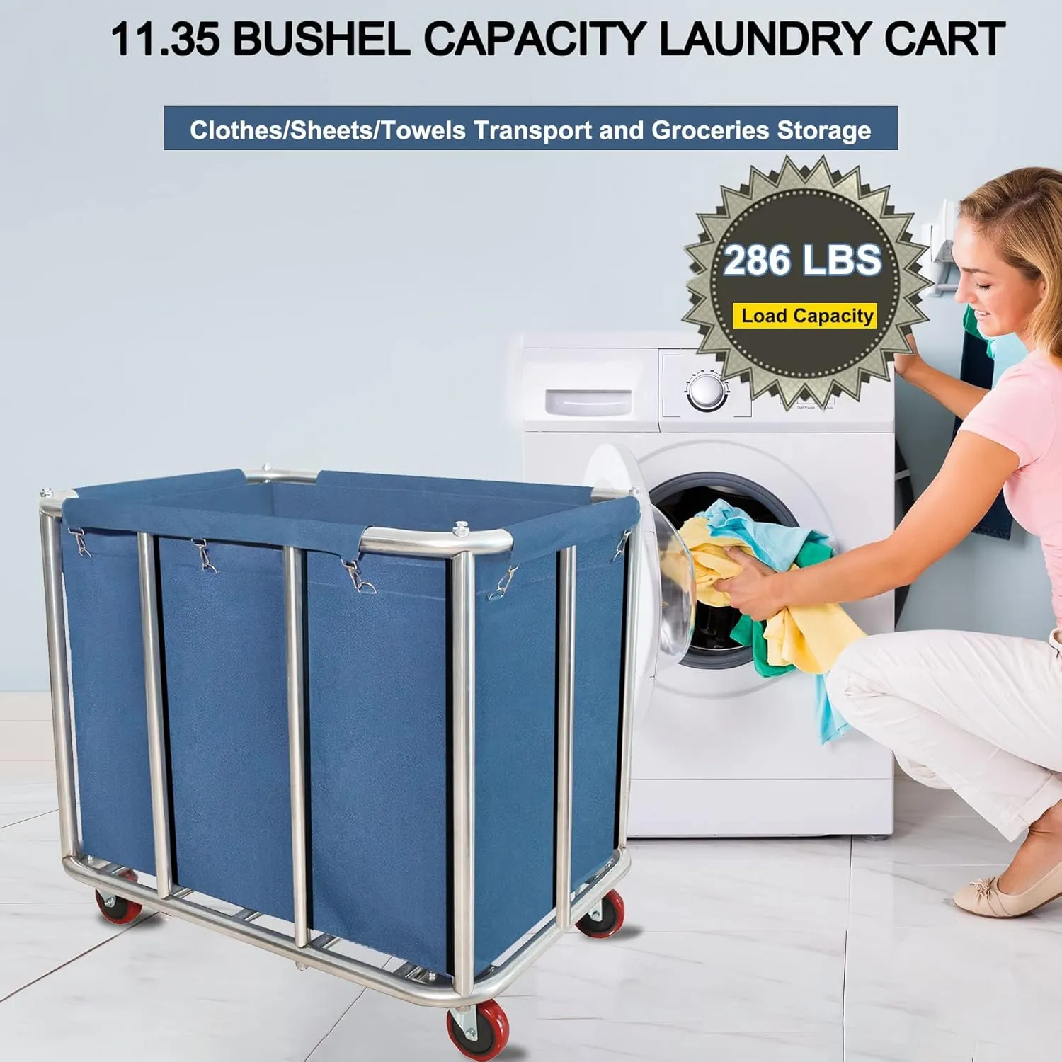 Laundry Cart Commercial,11.35 Bushel (400L) Large Industrial Rolling Laundry Hamper with 4 Inch Wheels,Home Heavy Duty Laundry Baskets with Stainless Steel Frame, 286 LBS Load，10 Support Tubes