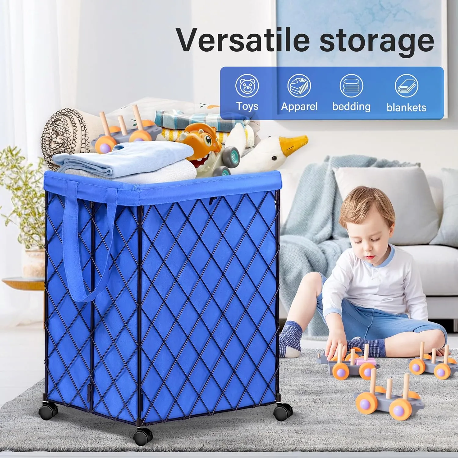 Laundry Hamper on Wheels-93L Basket Large Laundry Collapsible With Removable Liner,Rolling Metal Wire Basket-Sturdy Laundry Bag for Dirty Clothes Organization Closet Bathroom Living Room
