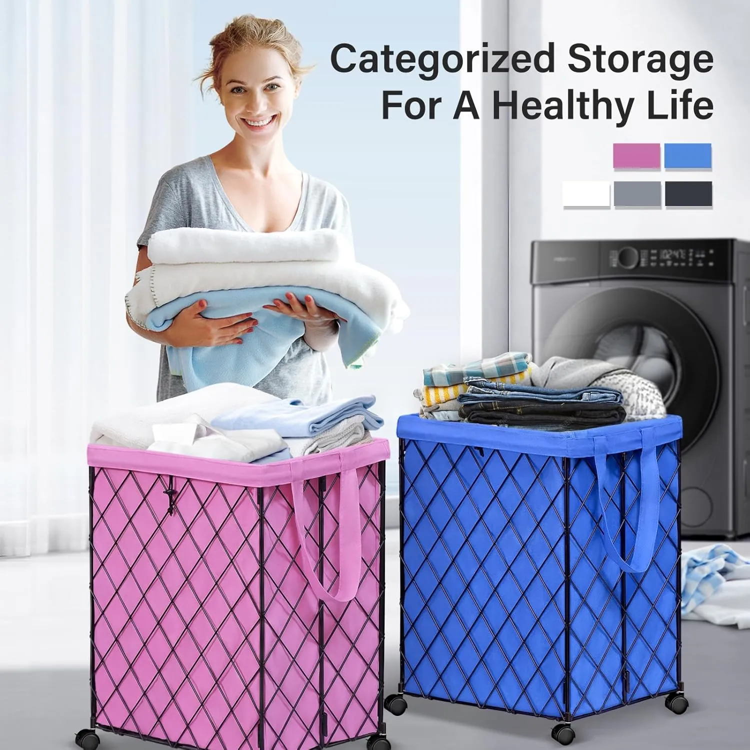 Laundry Hamper on Wheels-93L Basket Large Laundry Collapsible With Removable Liner,Rolling Metal Wire Basket-Sturdy Laundry Bag for Dirty Clothes Organization Closet Bathroom Living Room