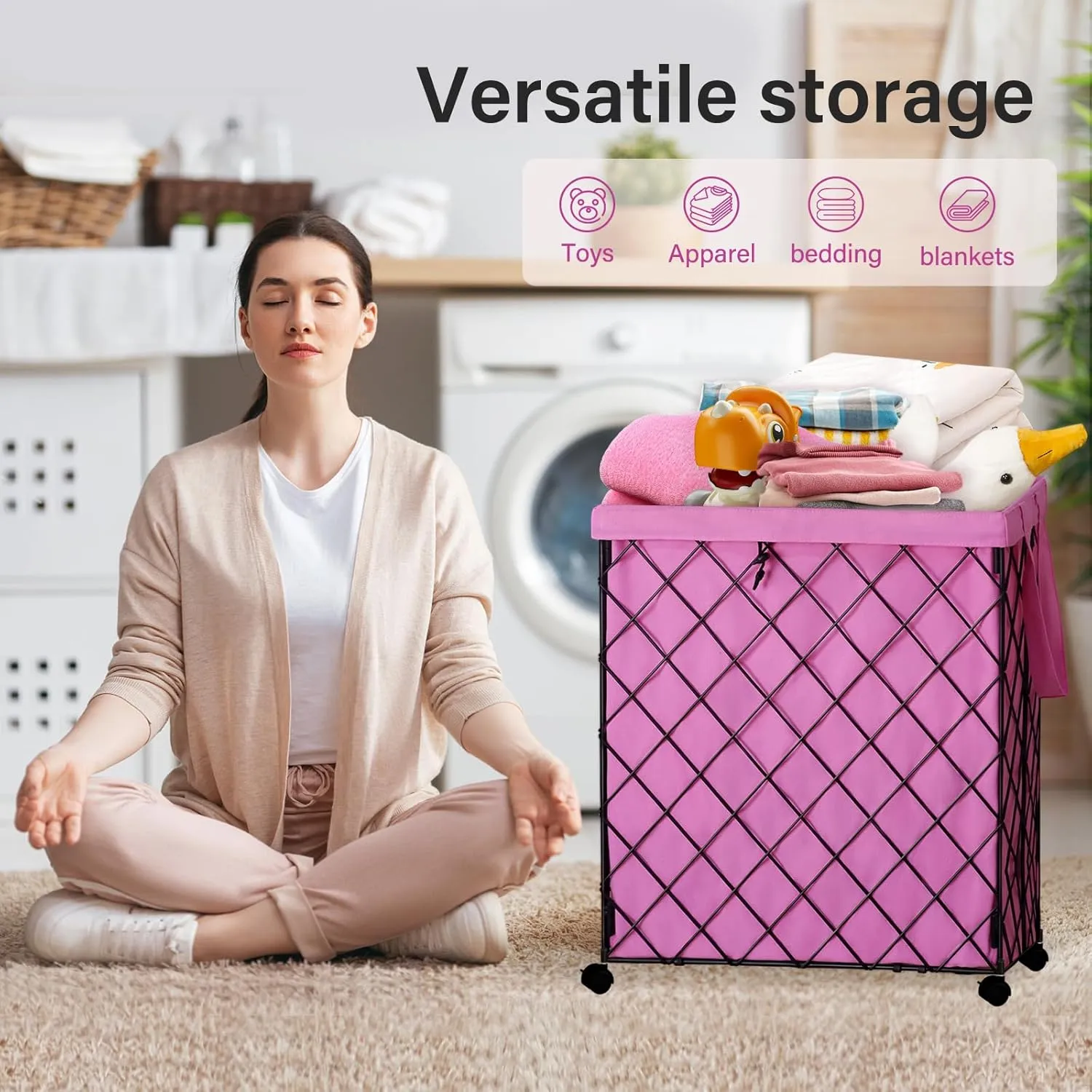 Laundry Hamper on Wheels-93L Basket Large Laundry Collapsible With Removable Liner,Rolling Metal Wire Basket-Sturdy Laundry Bag for Dirty Clothes Organization Closet Bathroom Living Room