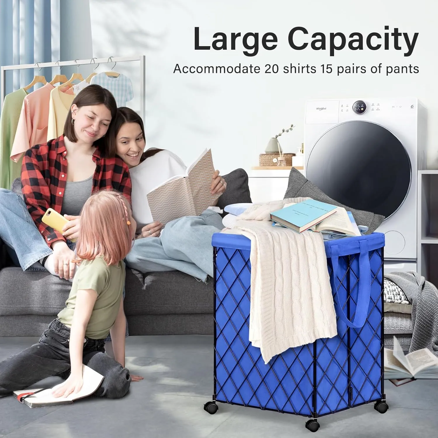 Laundry Hamper on Wheels-93L Basket Large Laundry Collapsible With Removable Liner,Rolling Metal Wire Basket-Sturdy Laundry Bag for Dirty Clothes Organization Closet Bathroom Living Room
