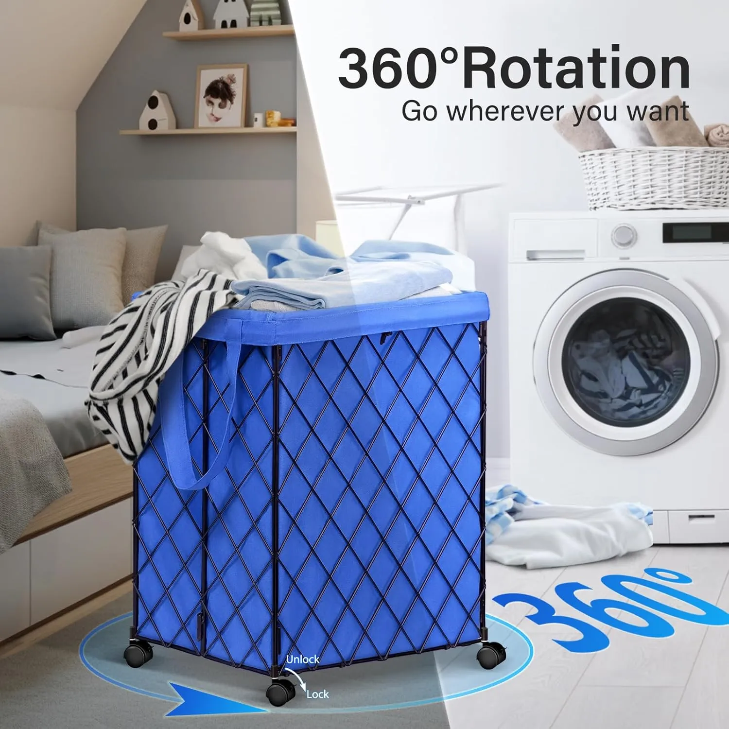 Laundry Hamper on Wheels-93L Basket Large Laundry Collapsible With Removable Liner,Rolling Metal Wire Basket-Sturdy Laundry Bag for Dirty Clothes Organization Closet Bathroom Living Room