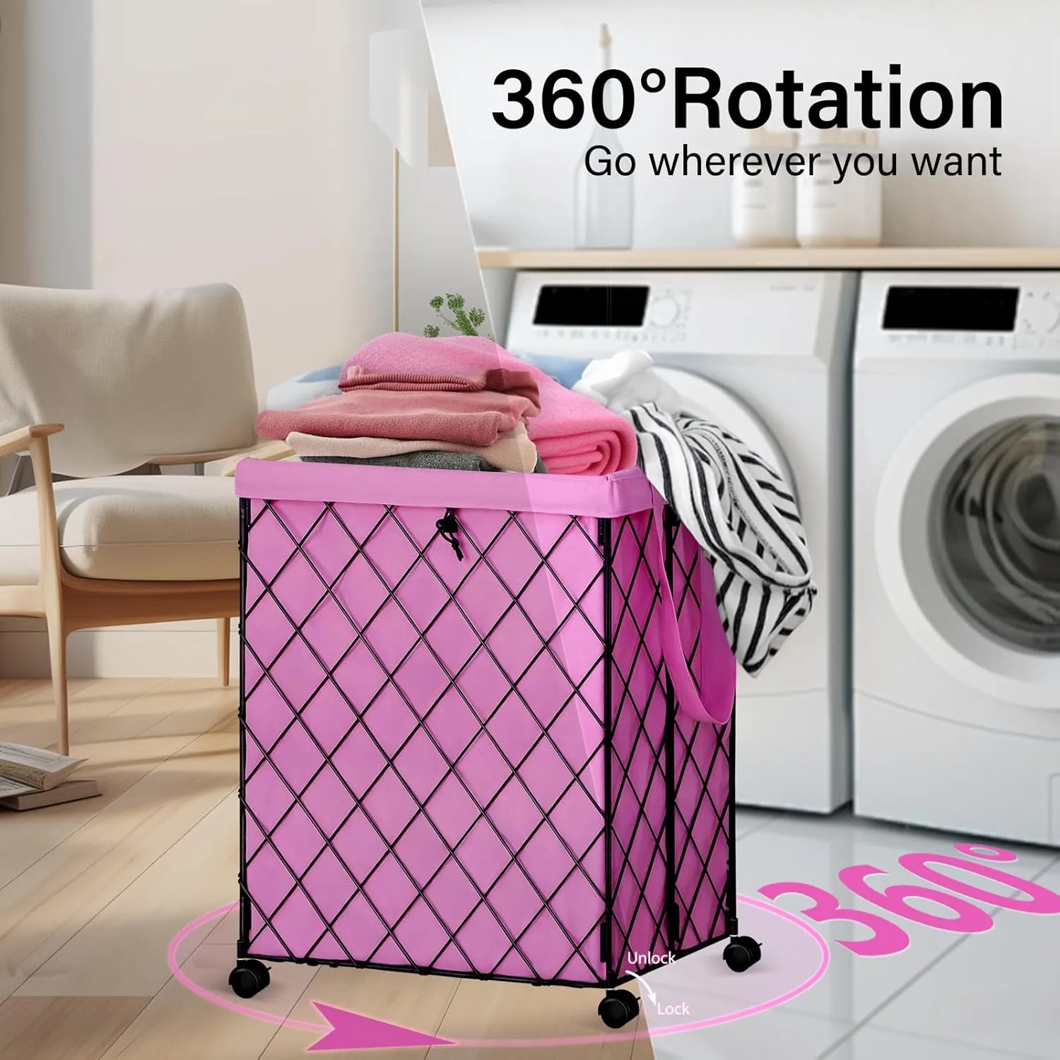 Laundry Hamper on Wheels-93L Basket Large Laundry Collapsible With Removable Liner,Rolling Metal Wire Basket-Sturdy Laundry Bag for Dirty Clothes Organization Closet Bathroom Living Room