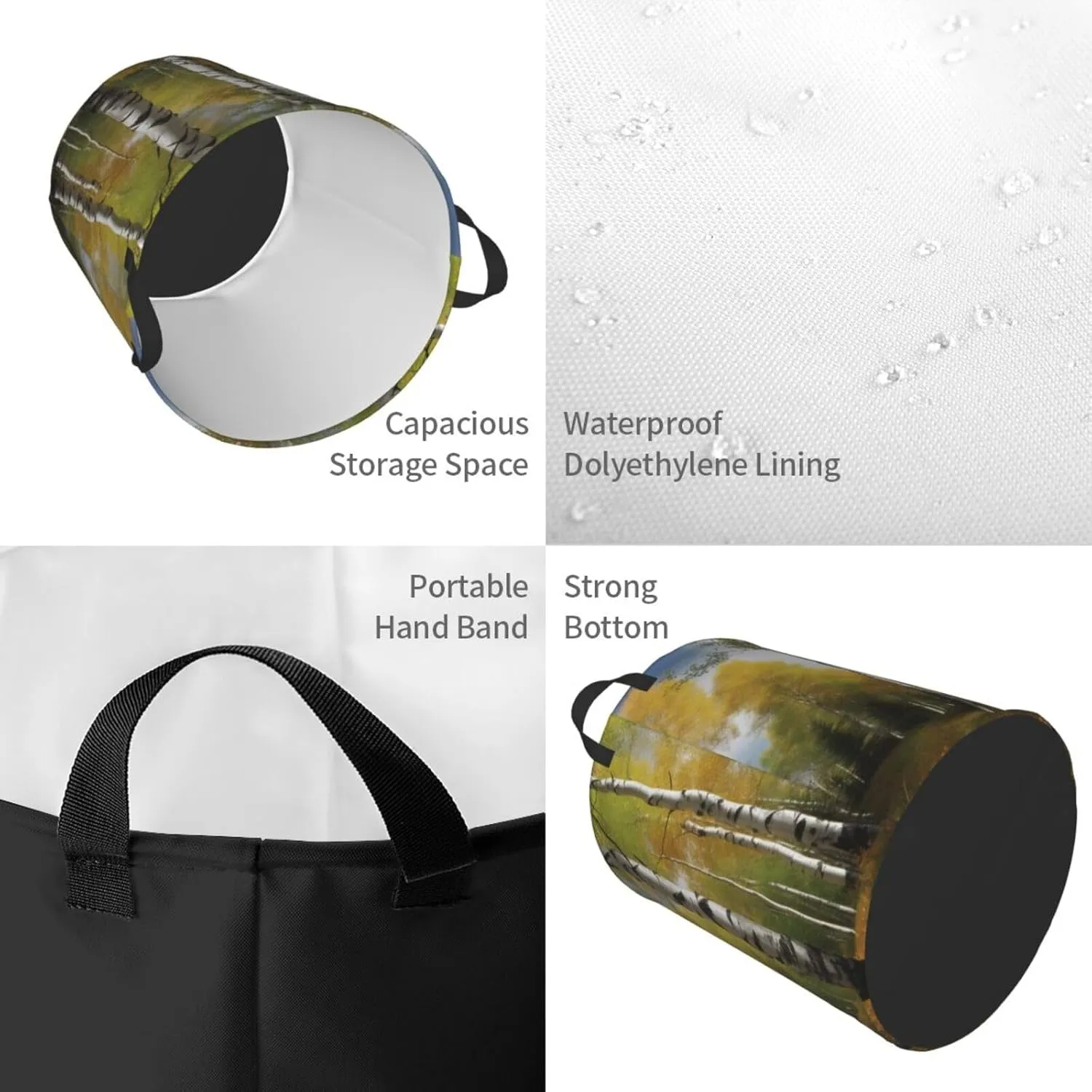 Laundry Hamper Waterproof Laundry Basket Storage Clothes Bag Birch Trees Circular Hamper with Handles Dirty Clothes Hamper Portable Storage Bin Organizer for Bedroom Bathroom Dorm Medium
