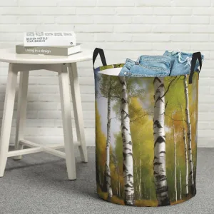 Laundry Hamper Waterproof Laundry Basket Storage Clothes Bag Birch Trees Circular Hamper with Handles Dirty Clothes Hamper Portable Storage Bin Organizer for Bedroom Bathroom Dorm Medium