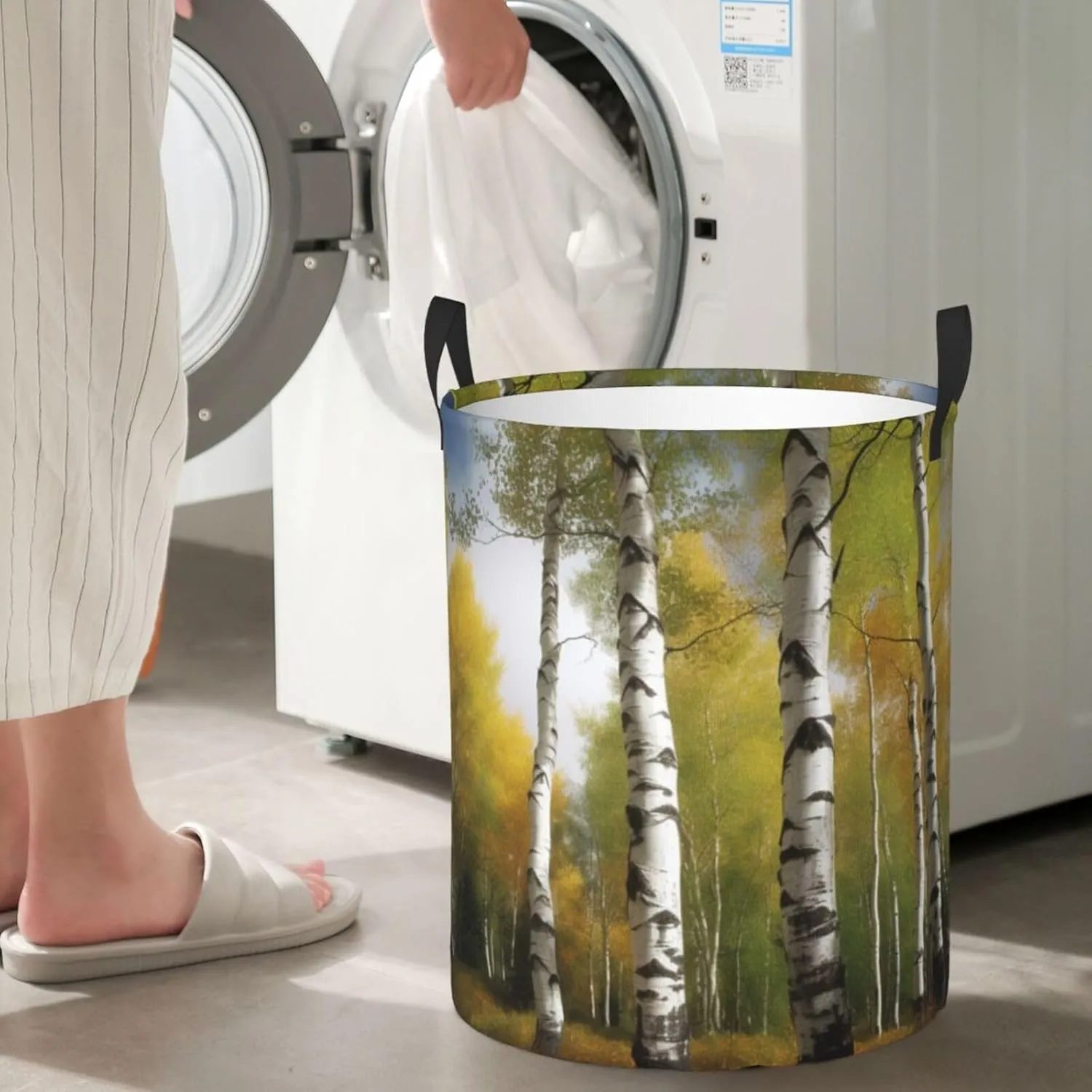 Laundry Hamper Waterproof Laundry Basket Storage Clothes Bag Birch Trees Circular Hamper with Handles Dirty Clothes Hamper Portable Storage Bin Organizer for Bedroom Bathroom Dorm Medium